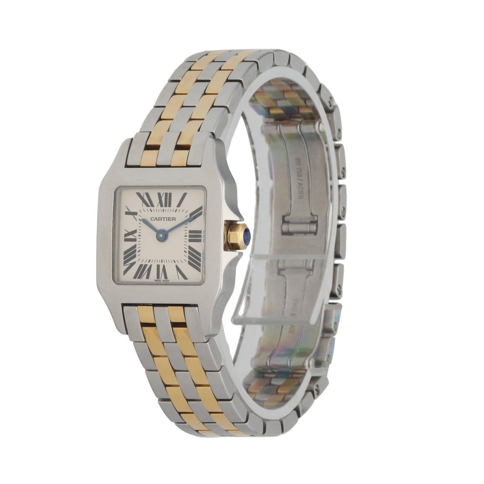 Cartier Santos Demoiselle 2698 Ladies Watch. 20MM stainless steel case. Off-white dial withÂ blue hands and black roman numeral hour marker. Two-tone, stainless steel & 18K yellow gold, bracelet withÂ stainless steel hiddenÂ butterfly clasp. Will