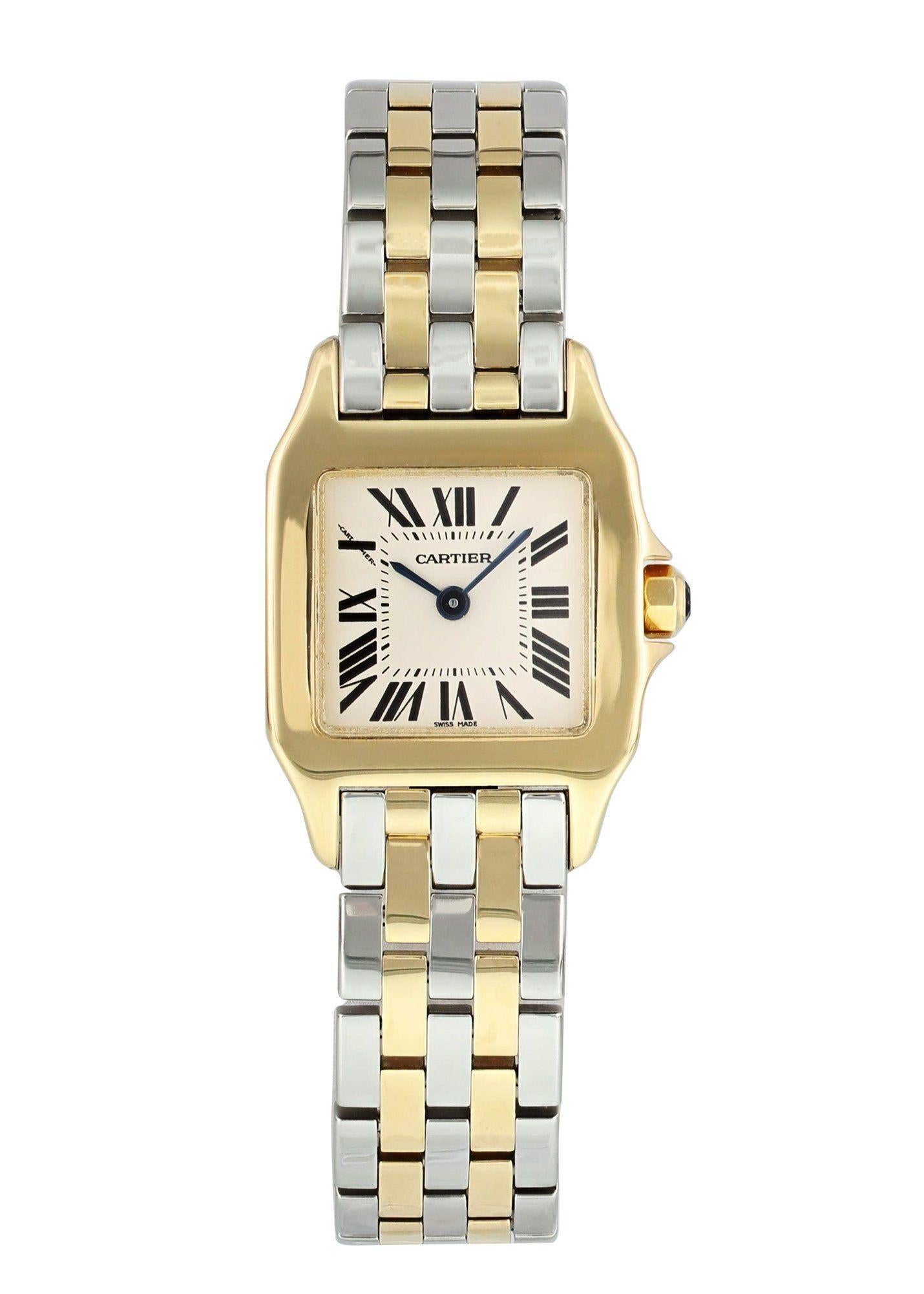 Cartier Santos Demoiselle 2699 Ladies Watch.
20mm 18k Yellow Gold case. 
Yellow Gold Stationary bezel. 
Off-White dial with Blue steel hands and Roman numeral hour markers. 
Minute markers on the inner dial. 
Stainless Steel Two-tone Bracelet with