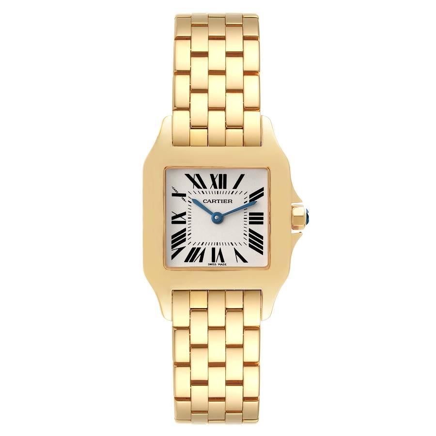 Cartier Santos Demoiselle Midsize Yellow Gold Ladies Watch W25062X9. Quartz movement. 18k yellow gold case 36.5 x 26.0 mm. Octagonal crown set with the blue faceted spinel. . Scratch resistant sapphire crystal. Silvered grained dial. Painted black