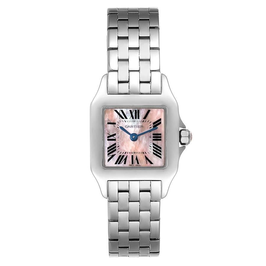 Cartier Santos Demoiselle MOP Dial Steel Ladies Watch W25075Z5. Quartz movement. Stainless steel case 20.0 x 20.0 mm. Octagonal crown set with the pink faceted spinel. . Scratch resistant sapphire crystal. Pink mother of pearl dial with black roman