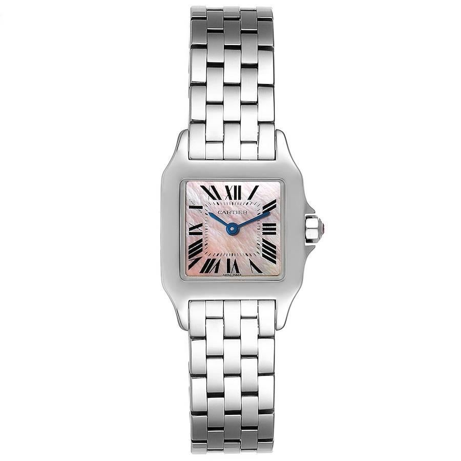 Cartier Santos Demoiselle MOP Dial Steel Ladies Watch W25075Z5. Quartz movement. Stainless steel case 20.0 x 20.0 mm. Octagonal crown set with the pink faceted spinel. . Scratch resistant sapphire crystal. Pink mother of pearl dial with black roman