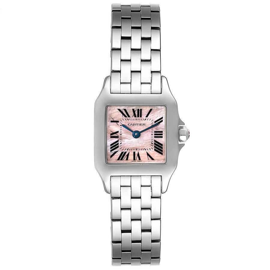 Cartier Santos Demoiselle MOP Dial Steel Ladies Watch W25075Z5. Quartz movement. Stainless steel case 20.0 x 20.0 mm. Octagonal crown set with the pink faceted spinel. . Scratch resistant sapphire crystal. Pink mother of pearl dial with black roman