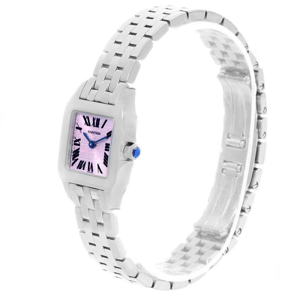 Cartier Santos Demoiselle Purple Dial Small Ladies Watch W2510002. Quartz movement. Stainless steel case 20.0 x 20.0 mm. Octagonal crown set with the blue faceted spinel. Stainless steel fixed bezel. Scratch resistant sapphire crystal. Lacquered