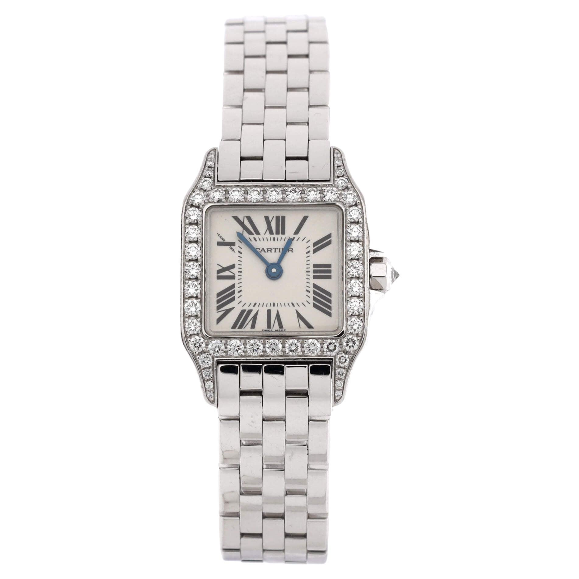 Cartier Santos Demoiselle Quartz Watch White Gold with Diamond Bezel 20 For Sale