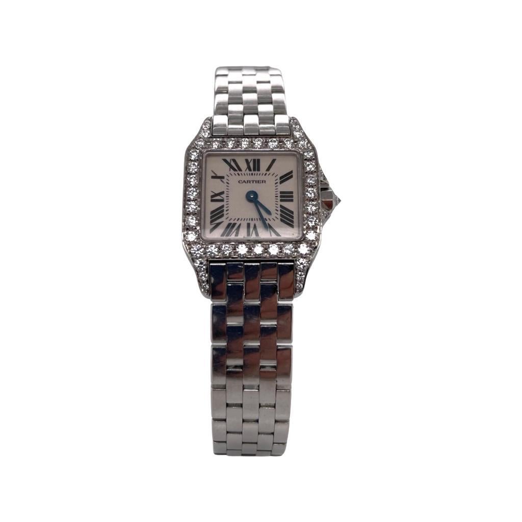 ITEM SPECIFICATIONS:

Brand: Cartier

Model Name: Santos Demoiselle

Model Number: 2698

Movement: Quartz

Case Size: 20 mm

Case Back: Closed

Case Material: Stainless Steel

Bezel: Diamond/ Stainless Steel

Dial: White

Bracelet: Stainless