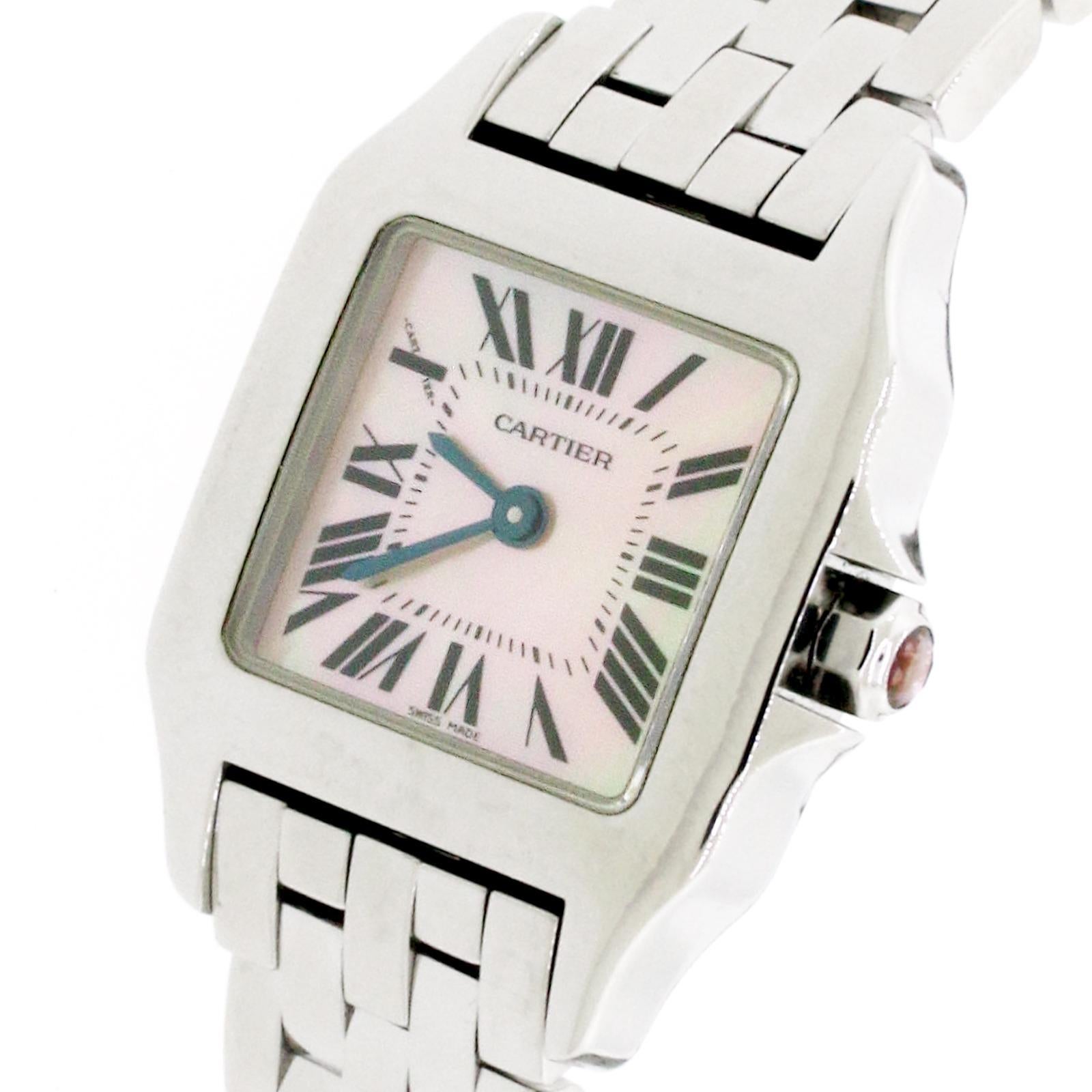 Cartier Santos Demoiselle Stainless Steel Ladies Watch, Ref. W25075Z5. Quartz movement. Stainless steel 21mm case. Cartier mother-of-pearl (MOP) dial with Roman numerals. Stainless steel bezel. Functions: hours and minutes. Cartier stainless steel