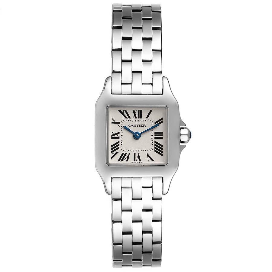 Cartier Santos Demoiselle Stainless Steel Ladies Watch W25064Z5. Quartz movement. Stainless steel case 20.0 x 20.0 mm. Octagonal crown set with the blue faceted spinel. . Scratch resistant sapphire crystal. Silvered grained dial. Painted black roman