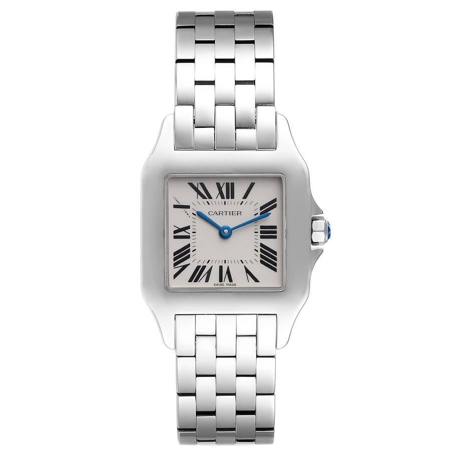 Cartier Santos Demoiselle Steel Midsize Silver Dial Ladies Watch W25065Z5. Quartz movement. Stainless steel case 26.0 x 26.0 mm. Octagonal crown set with the blue faceted spinel. . Scratch resistant sapphire crystal. Silvered grained dial. Painted