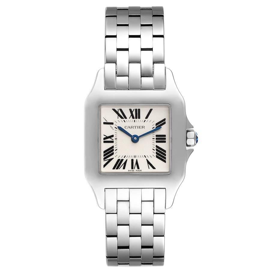 Cartier Santos Demoiselle Steel Midsize Silver Dial Ladies Watch W25065Z5. Quartz movement. Stainless steel case 26.0 x 26.0 mm. Octagonal crown set with the blue faceted spinel. . Scratch resistant sapphire crystal. Silvered grained dial. Painted