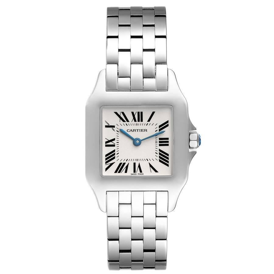 Cartier Santos Demoiselle Steel Midsize Silver Dial Ladies Watch W25065Z5. Quartz movement. Stainless steel case 26.0 x 26.0 mm. Octagonal crown set with the blue faceted spinel. . Scratch resistant sapphire crystal. Silvered grained dial. Painted