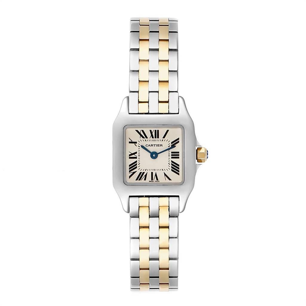 Cartier Santos Demoiselle Steel Yellow Gold Ladies Watch W25066Z6. Quartz movement. Stainless steel and 18K yellow gold case 22.0 x 22.0 mm. Octagonal crown set with the blue sapphire cabochon. Scratch resistant sapphire crystal. Silvered grained