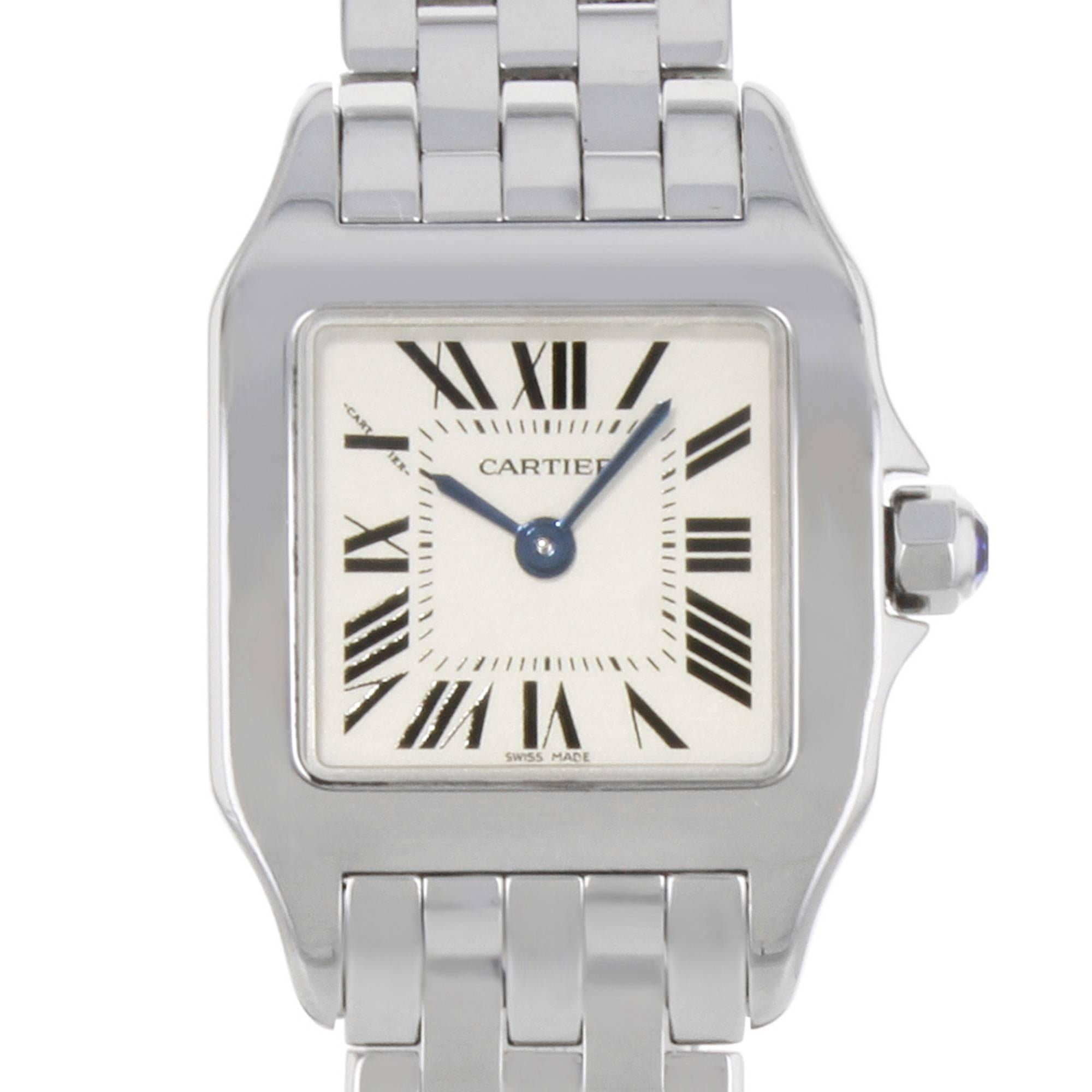 This pre-owned Cartier Santos Demoiselle W25064Z5  is a beautiful Womens timepiece that is powered by a quartz movement which is cased in a stainless steel case. It has a square shape face, no features dial and has hand roman numerals style markers.