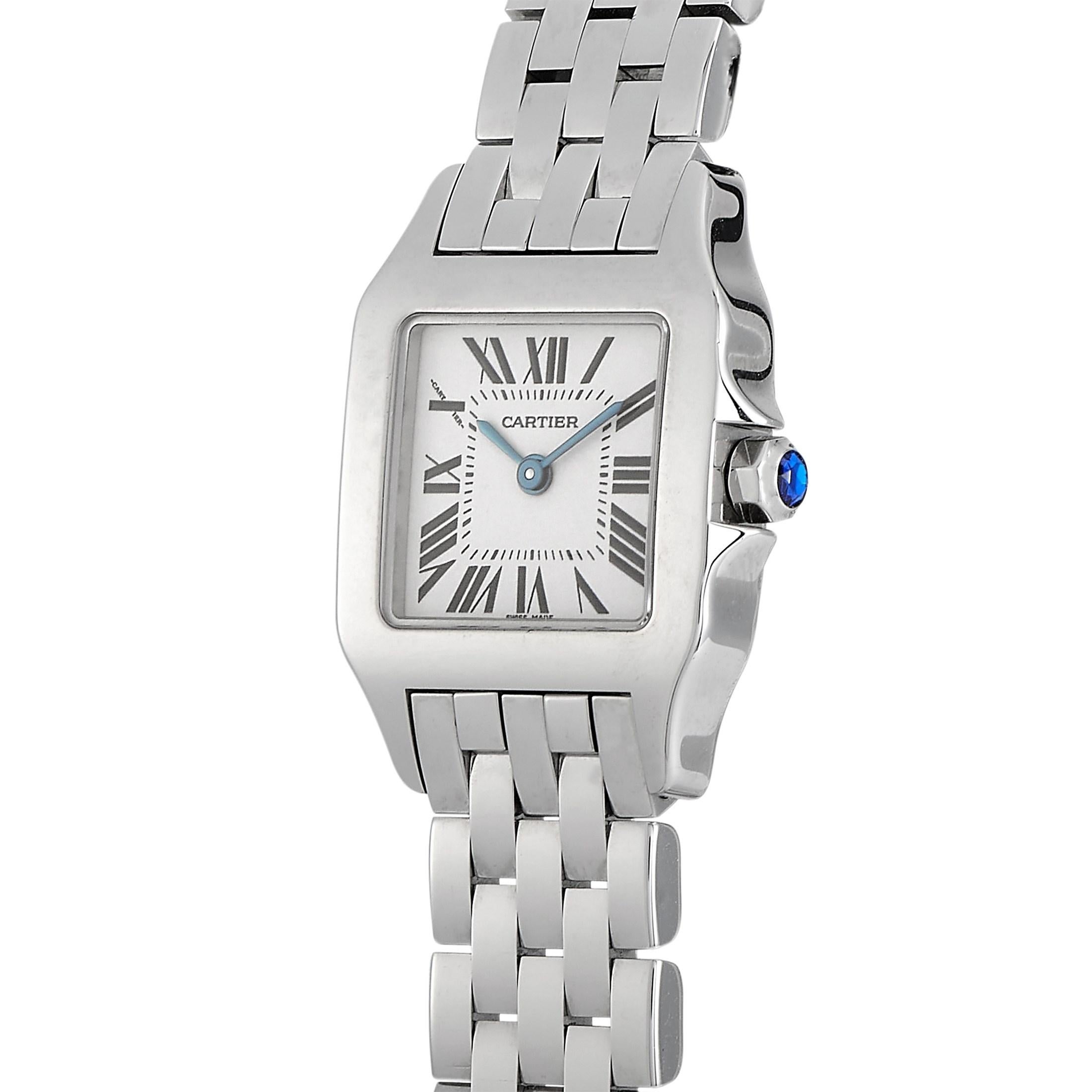 The Cartier Santos Demoiselle Watch, reference number 2698, is a chic ladies timepiece that will never go out of style. 

An evergreen addition to any woman’s watch collection, this Cartier watch features a 20mm case and bracelet crafted from
