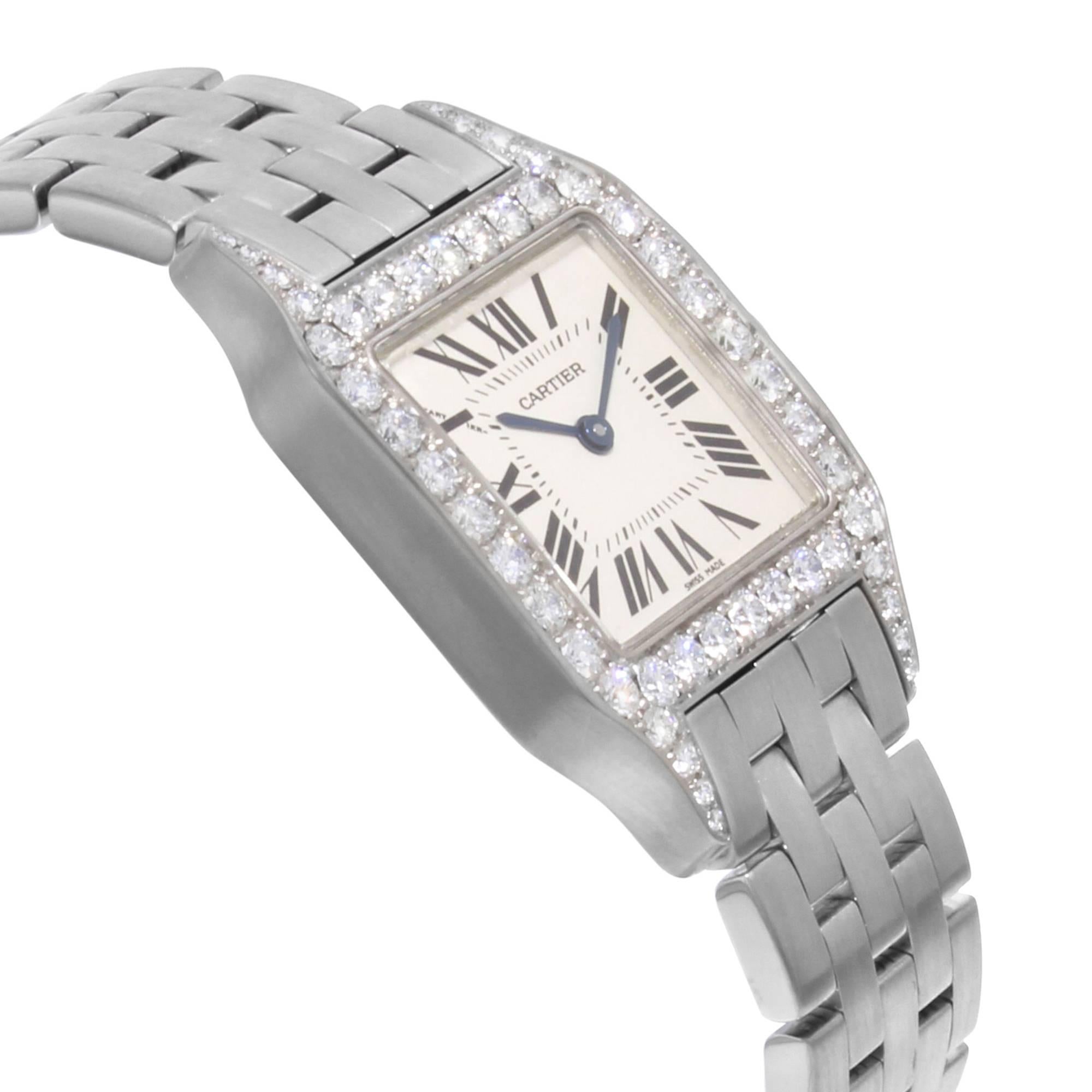 Round Cut Cartier Santos Demoiselle WF9004Y8 18K White Gold & Diamonds Quartz Ladies Watch