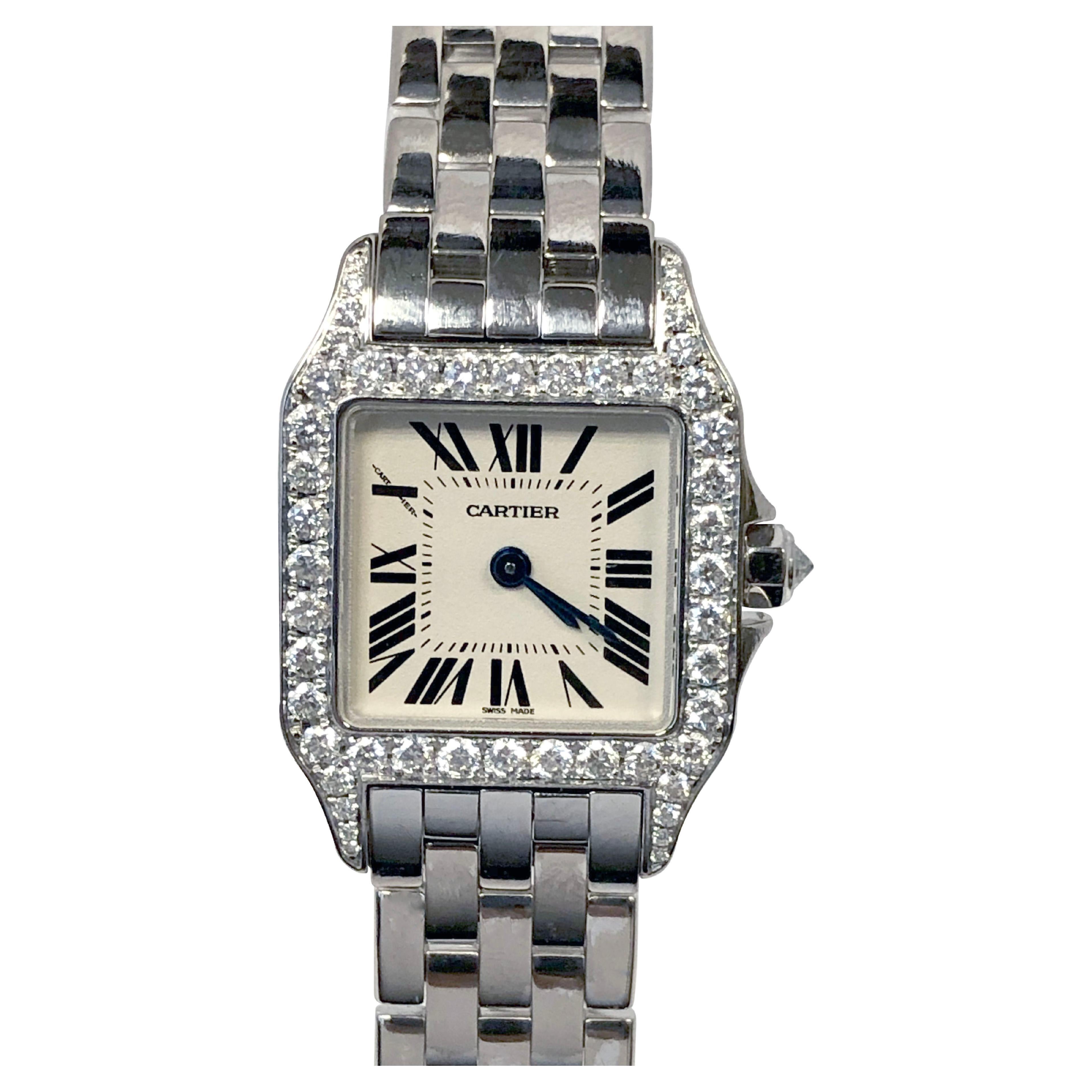 Cartier Santos DeMoiselle White Gold and Diamonds Ladies Wrist Watch For Sale