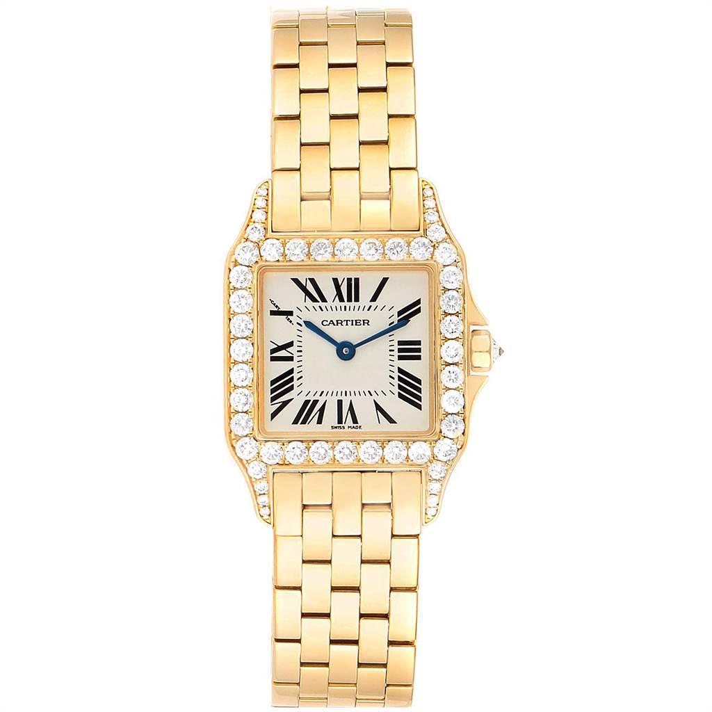 Cartier Santos Demoiselle Yellow Gold Diamond Midsize Ladies Watch WF9002Y7. Quartz movement. 18K yellow gold case 26.0 x 26.0 mm. Octagonal crown set with the diamond. Original Cartier factory diamond bezel. Scratch resistant sapphire crystal.