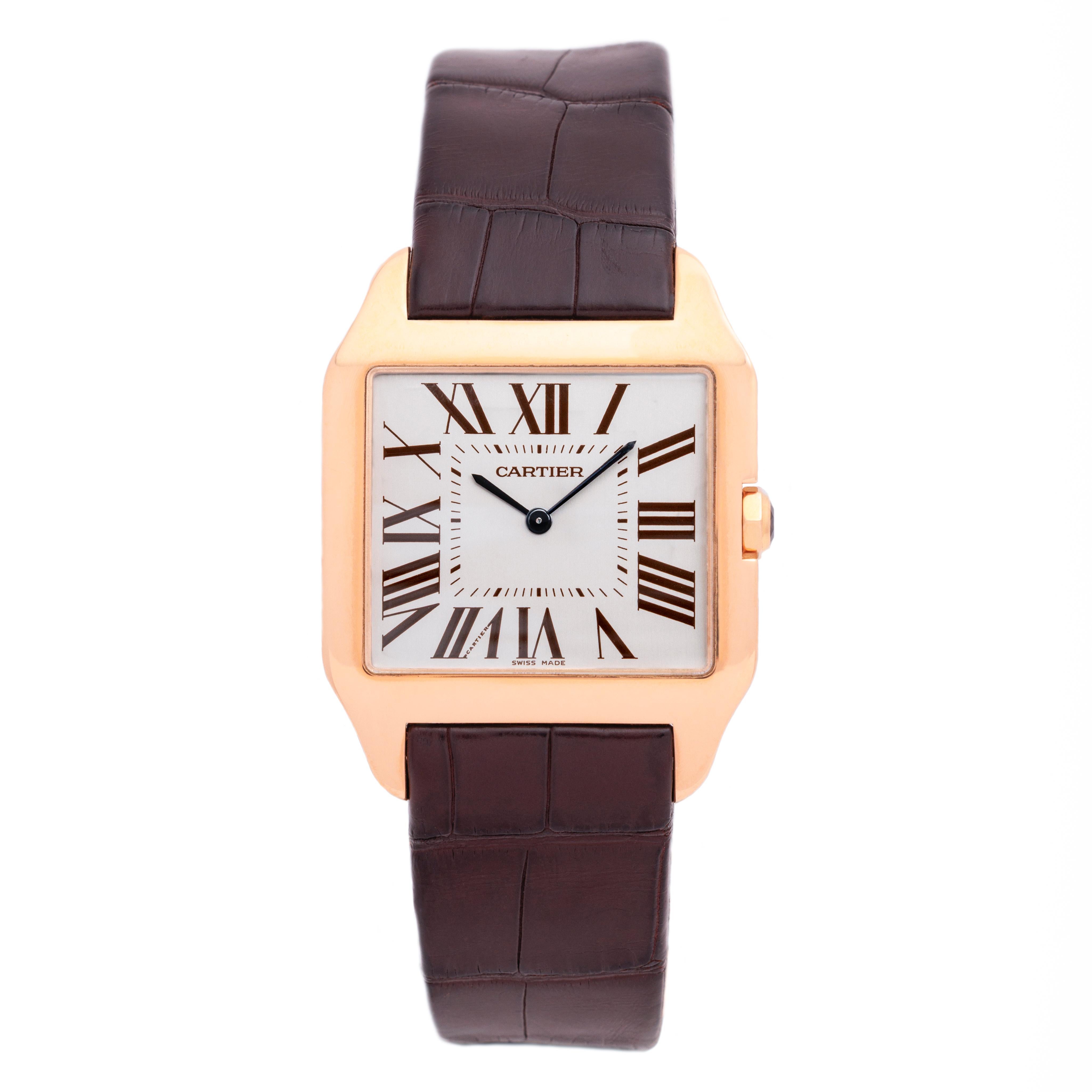 Cartier Santos Dumont Large Size Model W2006951
18k Rose Gold 
Manual Movement 
Made in Switzerland 
44.6mm x 34.6mm  
c.2000s
Adjustable strap fits up to an 8