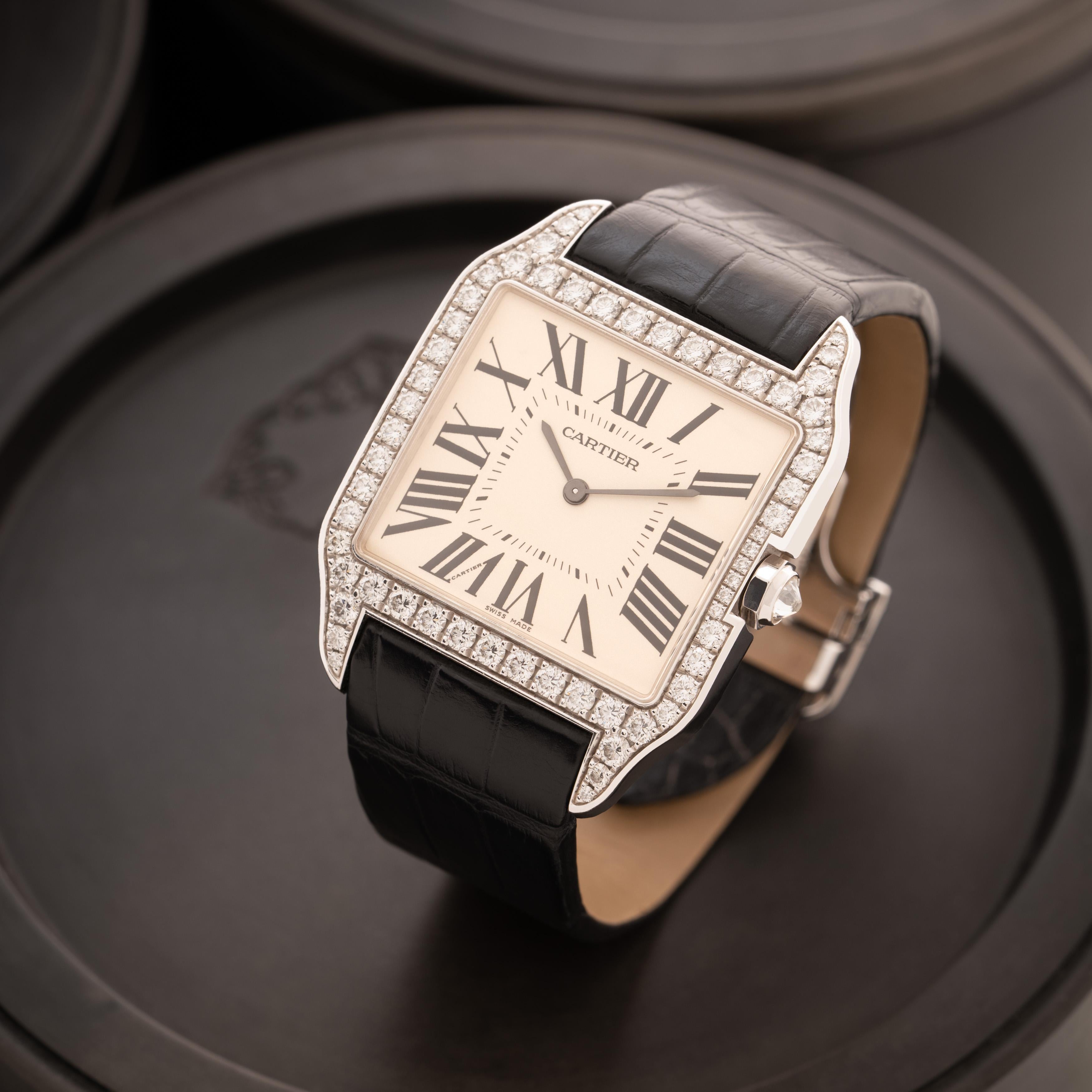 Cartier Santos-Dumont 18 Karat White Gold and 2.48 Carats Diamonds Box Papers In Excellent Condition In New York, NY