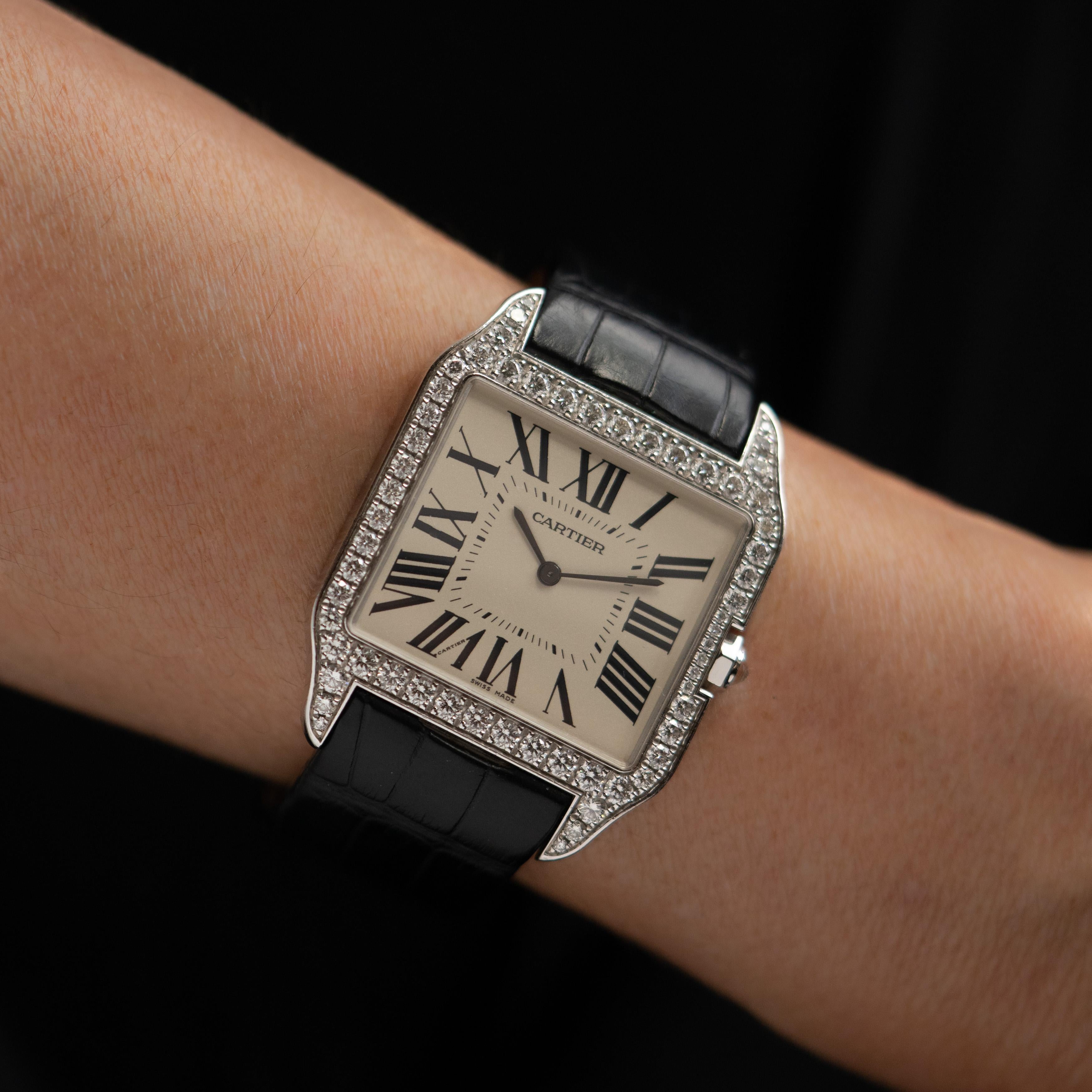 Women's or Men's Cartier Santos-Dumont 18 Karat White Gold and 2.48 Carats Diamonds Box Papers