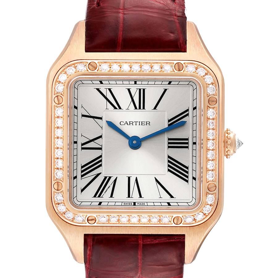 Cartier Santos Dumont 18k Rose Diamond Bezel Ladies Watch WJSA0017 Card For Sale