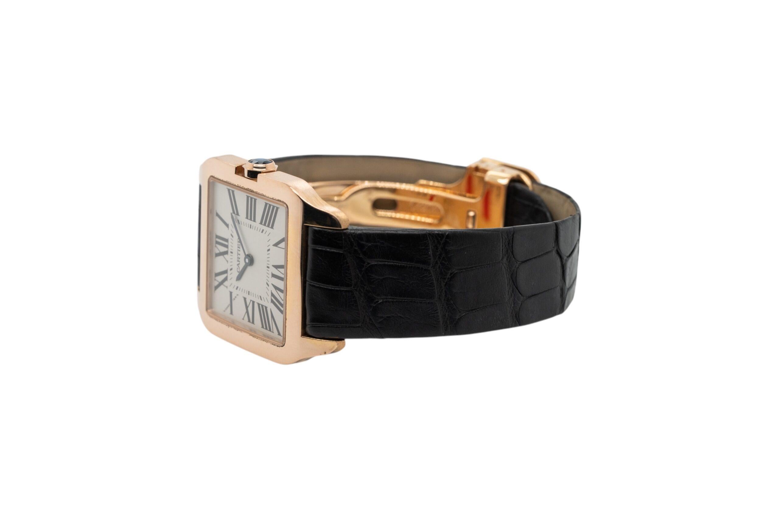 Orologio Cartier Dumont in oro rosa 18k quadrante romano - cinturino in pelle nera in vendita 1