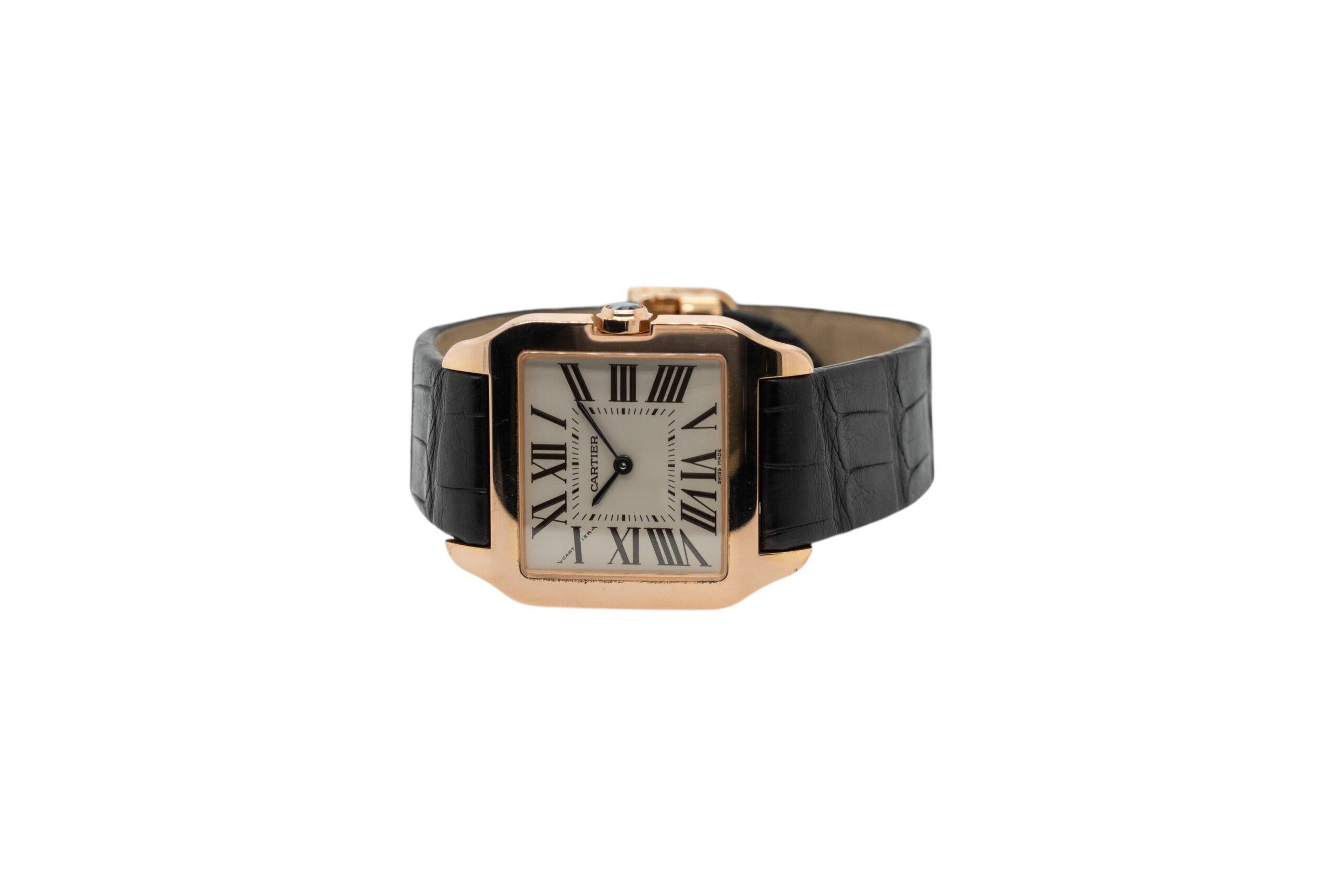 da uomo o donna Orologio Cartier Dumont in oro rosa 18k quadrante romano - cinturino in pelle nera in vendita