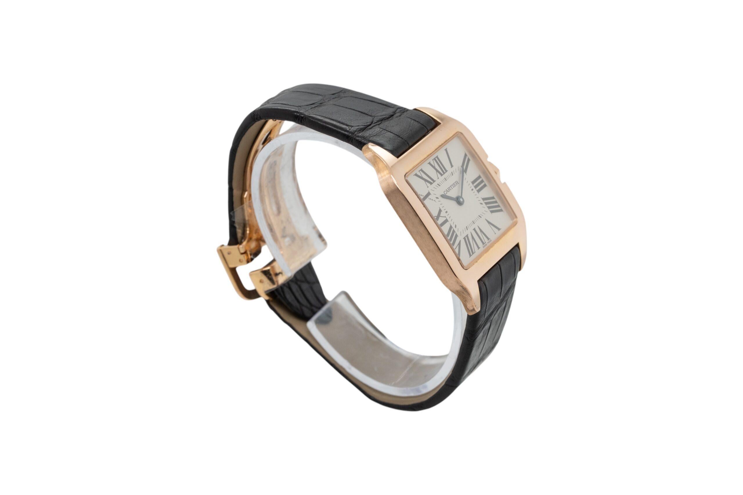 Orologio Cartier Dumont in oro rosa 18k quadrante romano - cinturino in pelle nera in vendita 3