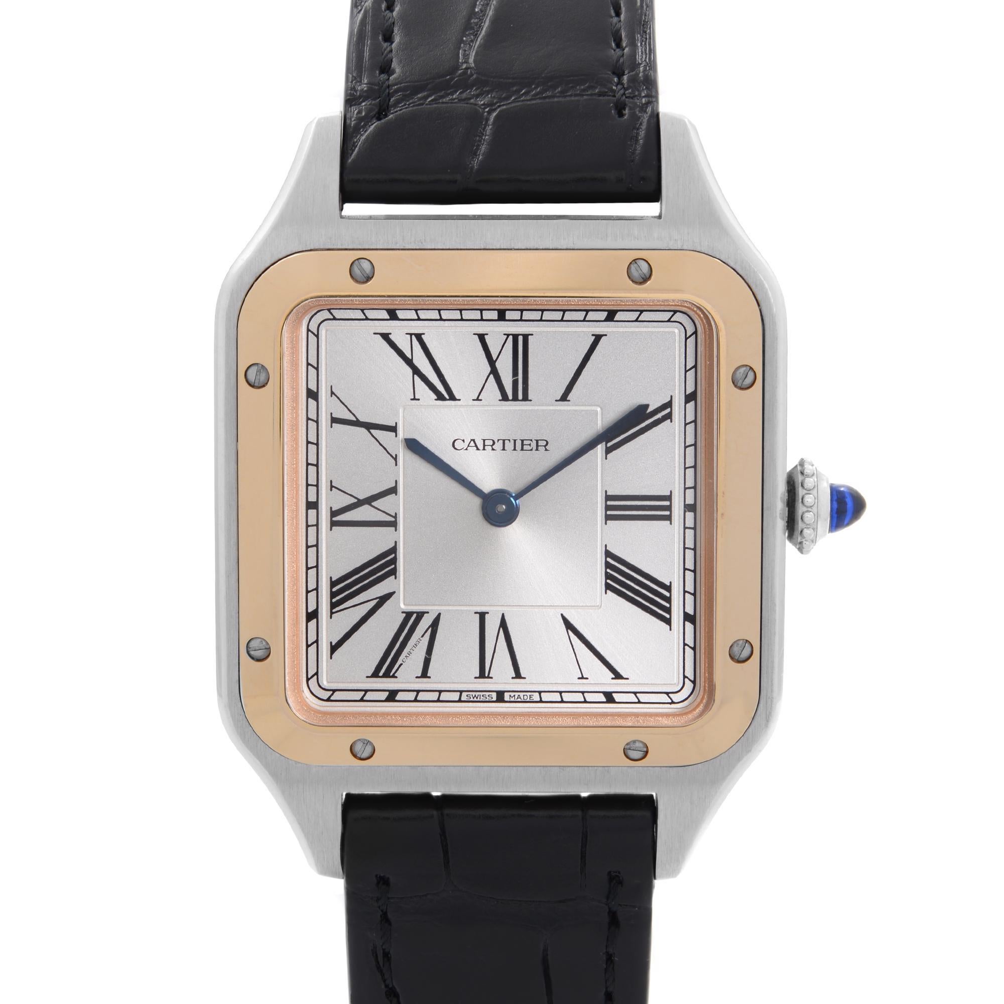 Display Model Cartier W2SA0011. The band has a little damage around adjustable holes. This Beautiful Timepiece is Powered by Quartz (battery) Movement And Features: Stainless Steel Case with Black Leather Strap. Fixed 18k Rose Gold Bezel. Silver
