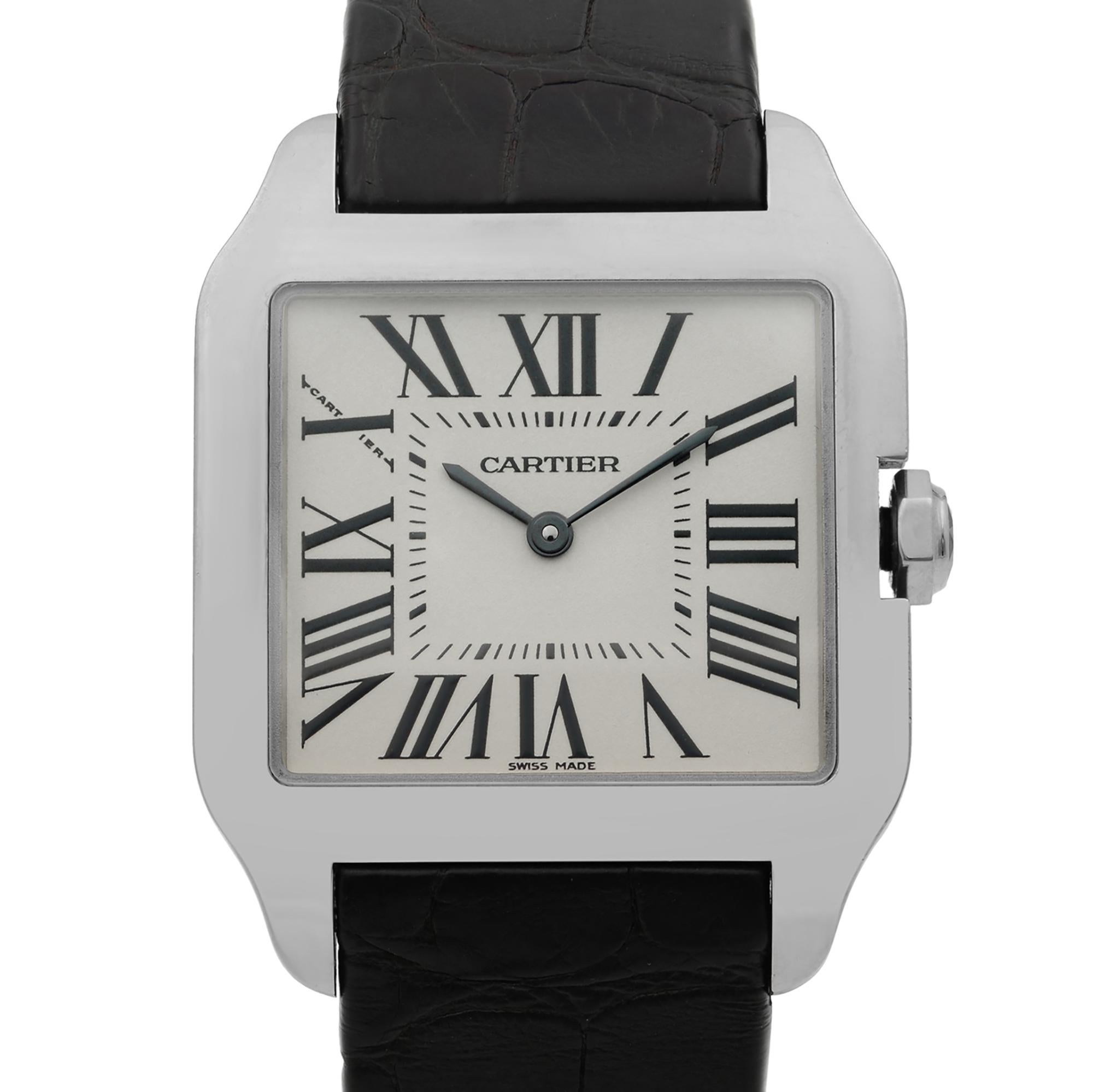 This pre-owned Cartier Santos W2009451 is a beautiful Unisex timepiece that is powered by quartz (battery) movement which is cased in a white gold case. It has a  rectangle shape face,  dial, and has hand roman numerals style markers. It is