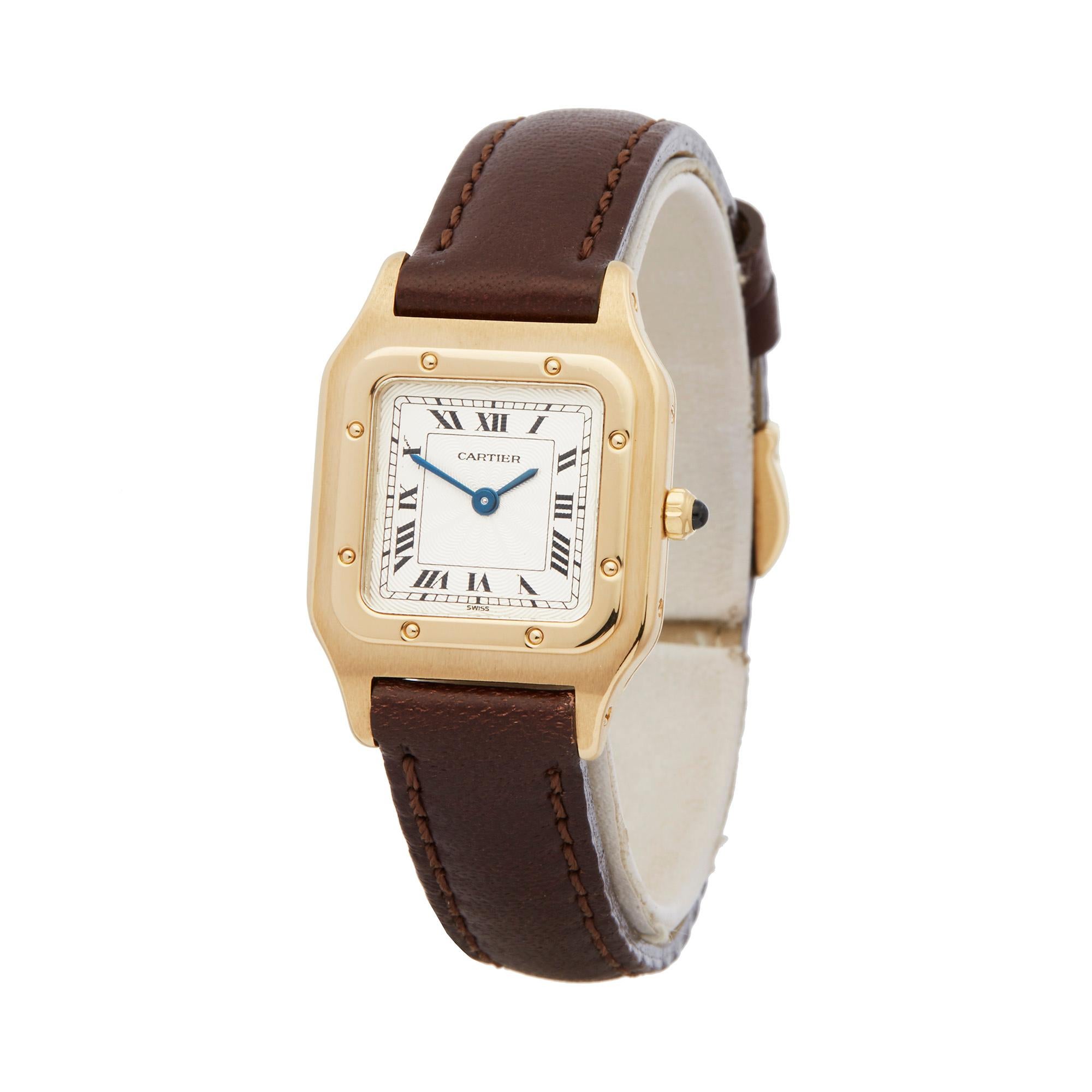 Reference: COM1993
Manufacturer: Cartier
Model: Santos Dumont
Model Reference: 1576
Age: Circa 1990's
Gender: Women's
Box and Papers: Presentation Box
Dial: White Roman
Glass: Sapphire Crystal
Movement: Quartz
Water Resistance: To Manufacturers