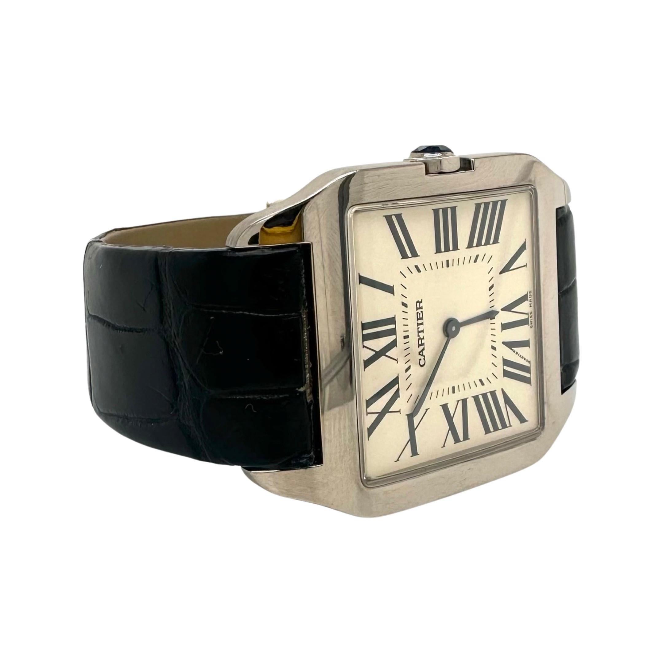 Brand: Cartier​​​​​​​

Model Name: Santos Dumont

Model Number: 2651

Movement: Automatic

Case Size: 35 mm 

Dial Color:  White

Metal: 18K White Gold​​​​​​​

Hour Markers: Roman Numerals 

Includes: Brilliance Jewels 2 Year Warranty

             