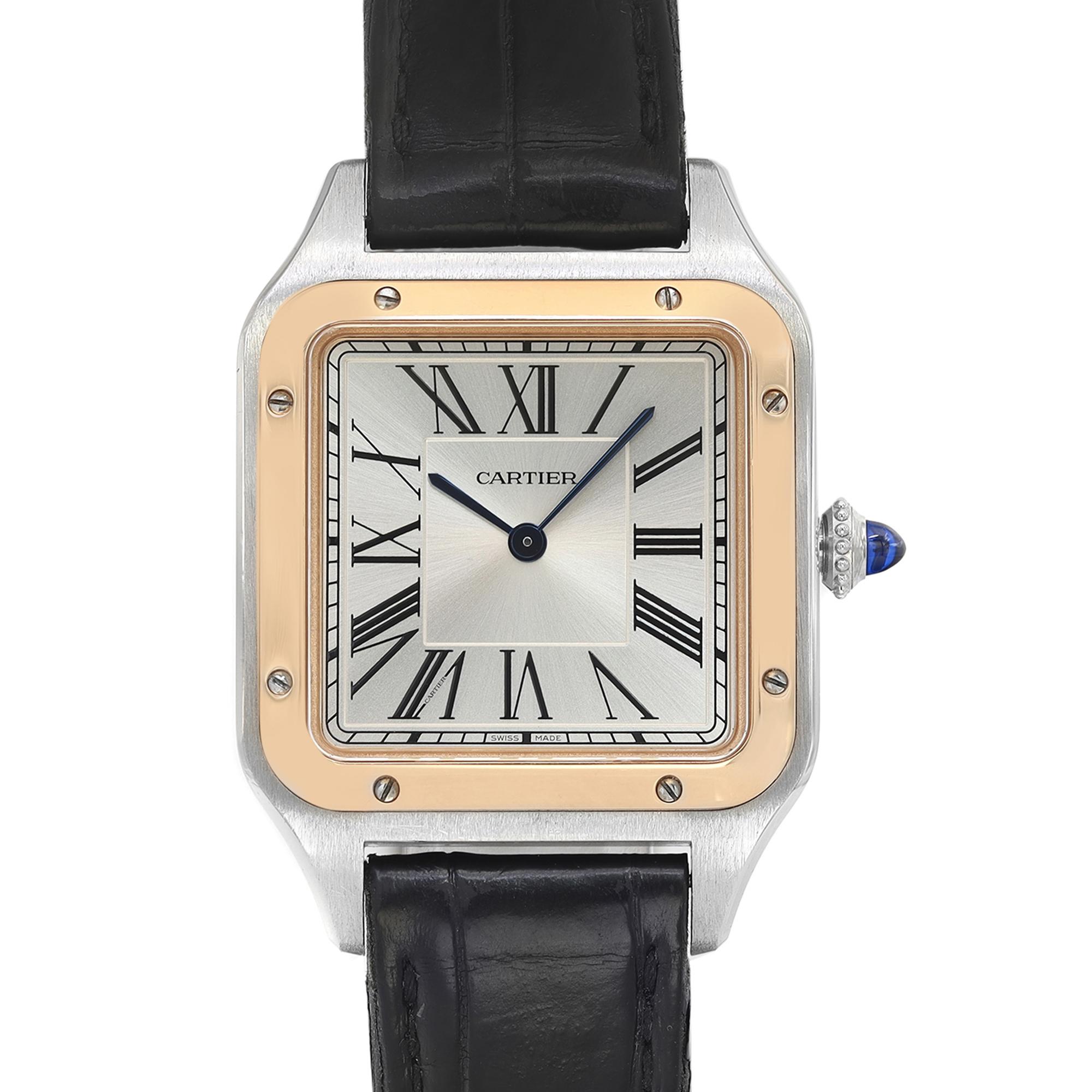 Pre-owned Cartier Santos-Dumont 31.5mm 18k Rose Gold Silver Dial Quartz Men Watch W2SA0011. The band has sworn signs around adjustable holes. No Original Box and Papers are Included. Comes with the seller's Presentation Box and the seller's