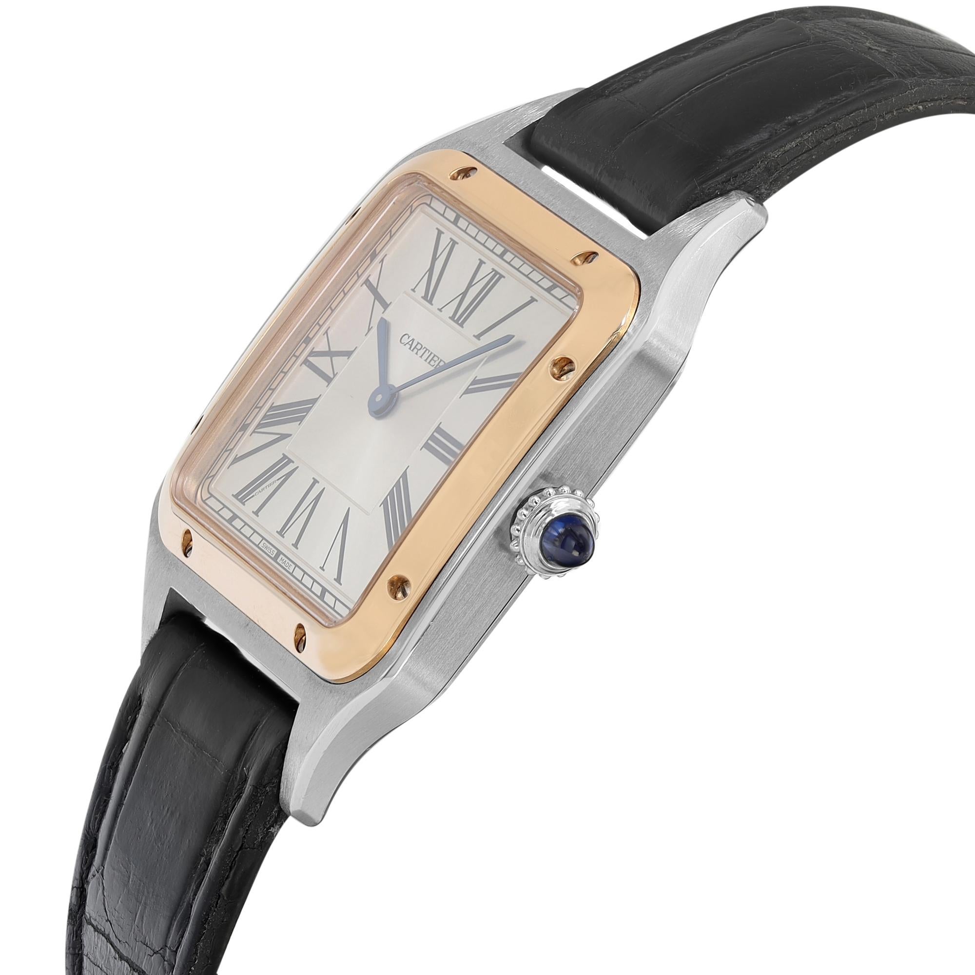 Cartier Santos-Dumont Stainless 31.5mm 18k Rose Gold Silver Dial Quartz W2SA0011 In Good Condition For Sale In New York, NY