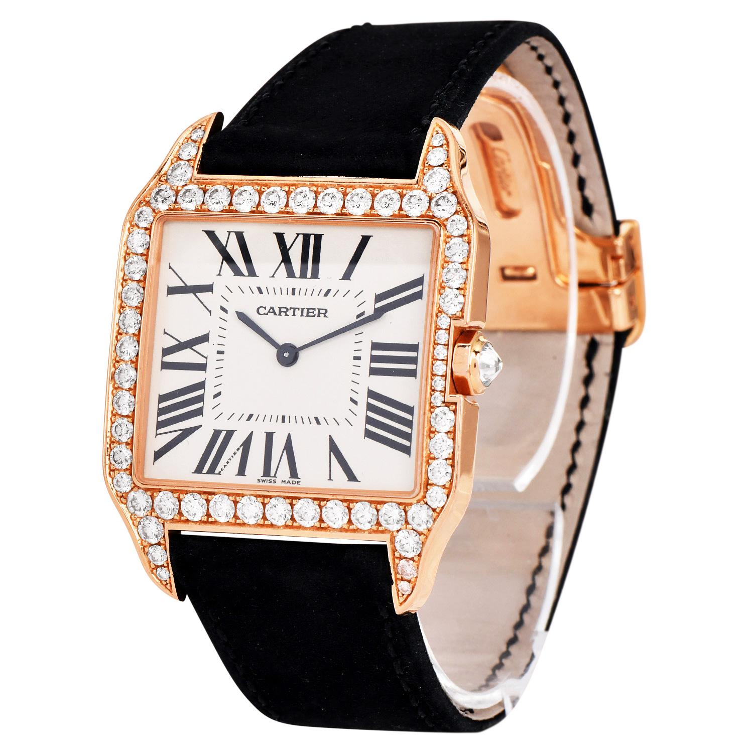 Full Set  All original factory set diamond Cartier Santos Dumont yellow  Gold and Diamond-Set Watch

This Cartier 'Santos Dumont' watch from the 2010s is meticulously crafted from pink gold, set with diamonds totaling approximately 3.00 carats of