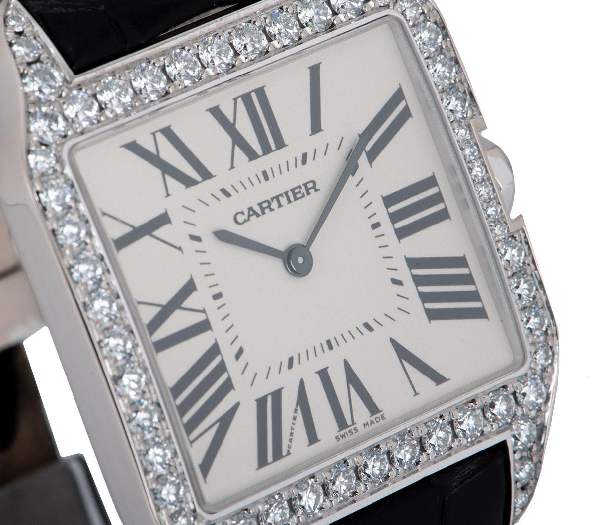 Cartier Santos Dumont Herren 18 Karat Gold versilbertes Zifferblatt Diamant Set WH100651 (Rundschliff)