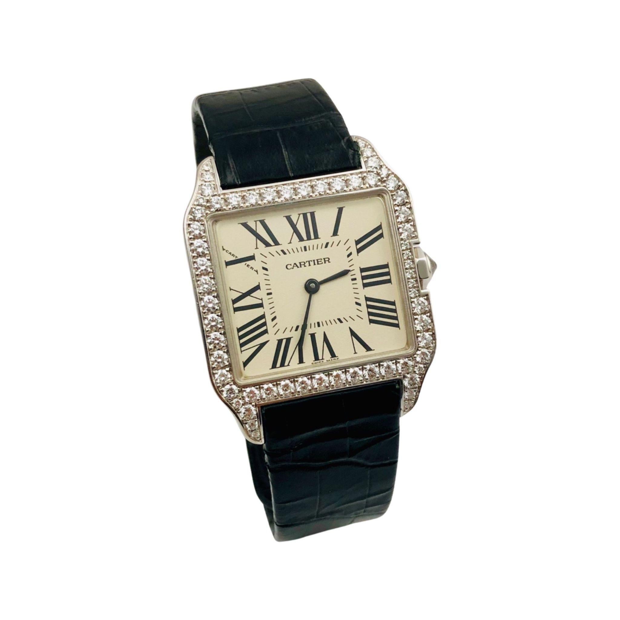RETAIL PRICE: $48,200

Cartier Santos Dumont watch, quartz movement. 18K rhodiumized white gold case set with 61 brilliant-cut diamonds and 7-sided crown set with a brilliant-cut diamond, totalling 1.70 carats. Cream dial. Black oxidized steel