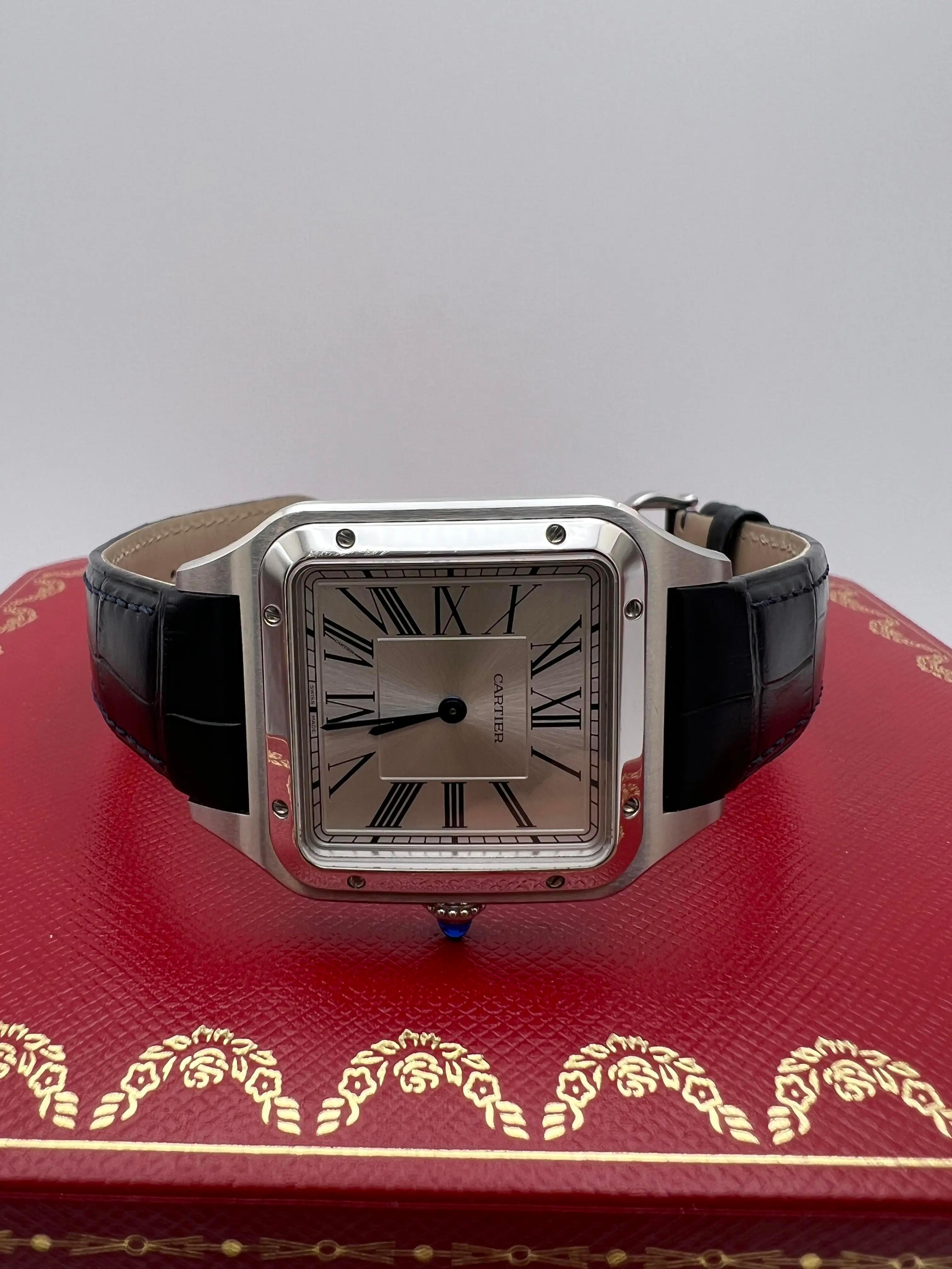 Cartier Santos Dumont Large 31.4mm x 43.5mm WSSA0022 Silver Dial Box Papers In Excellent Condition For Sale In New York, NY
