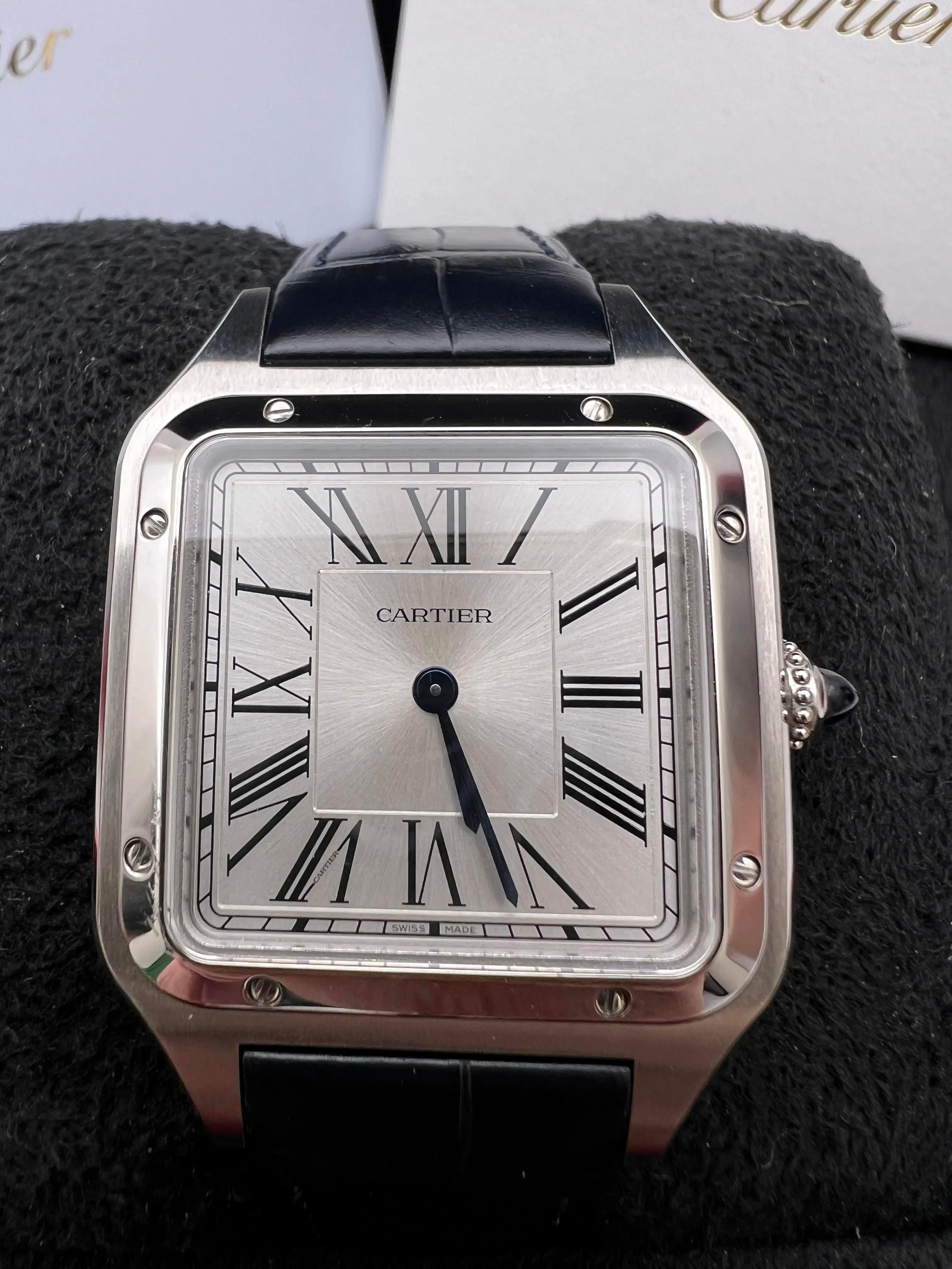 Women's or Men's Cartier Santos Dumont Large 31.4mm x 43.5mm WSSA0022 Silver Dial Box Papers For Sale