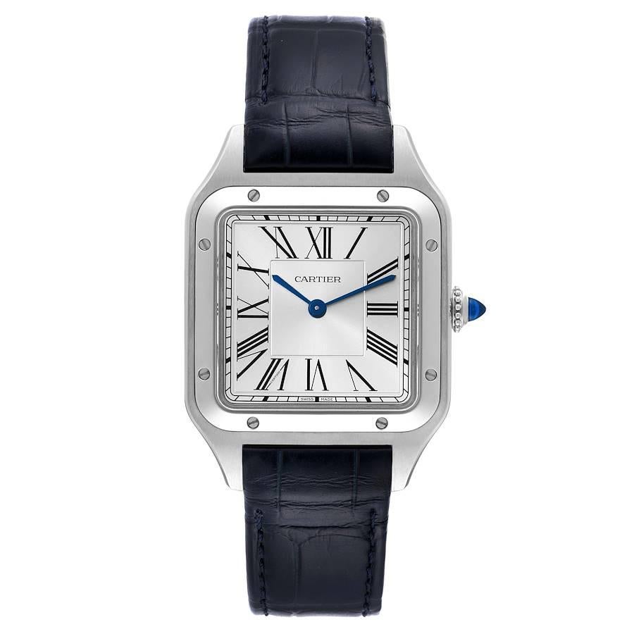Cartier Santos Dumont großen schwarzen Armband Stahl Herrenuhr WSSA0022 Box-Karte. Quarzwerk. Edelstahlgehäuse 43,5 mm x 31,4 mm. Gehäusedicke 7,3 mm. Runde, gekörnte Krone, besetzt mit einem blauen Spinell-Cabochon. Die Lünette aus Edelstahl ist