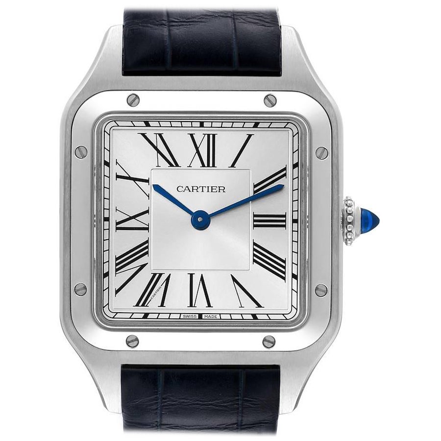 Cartier Santos Dumont Stahl-Herrenuhr mit großem schwarzem Riemen WSSA0022 Boxkarte im Angebot