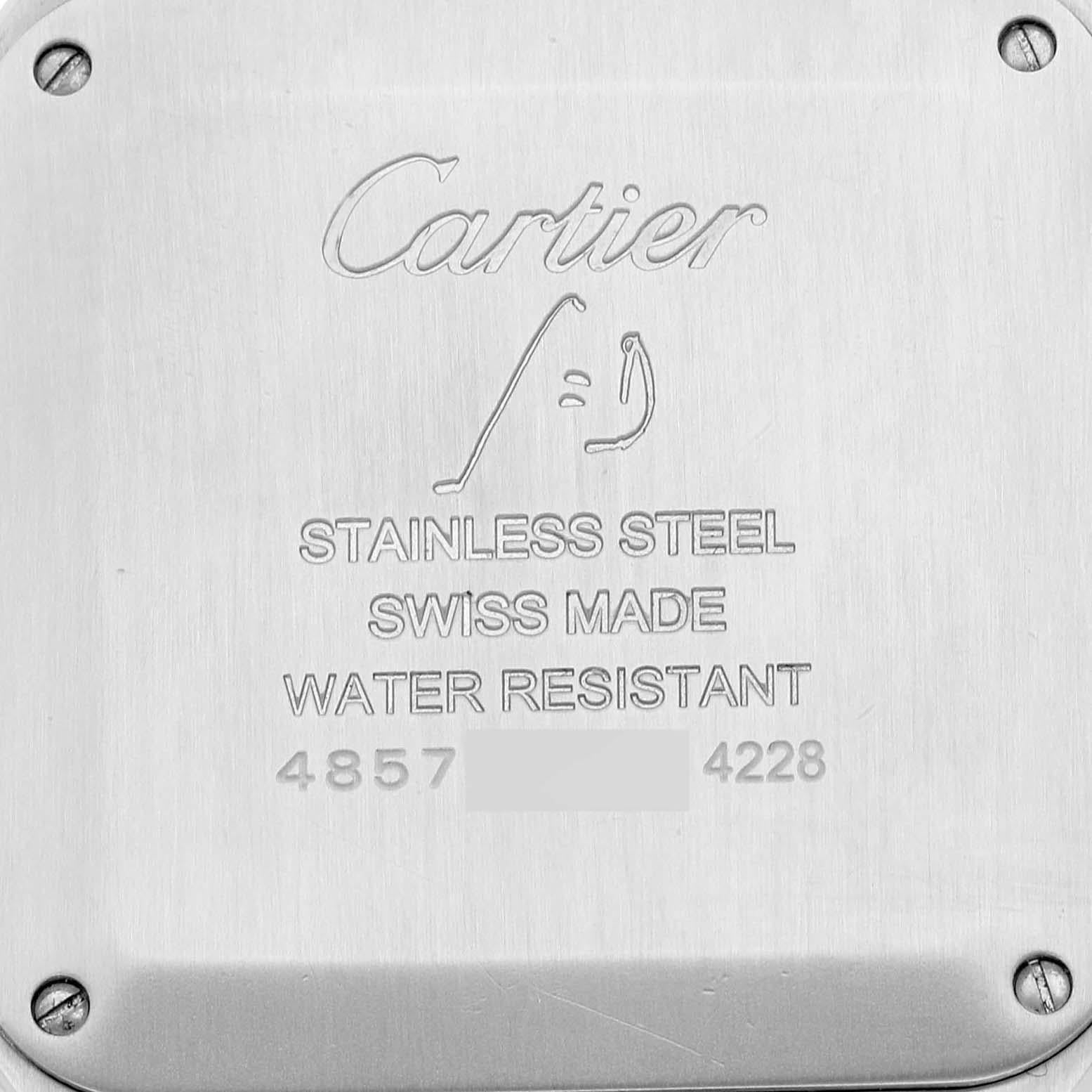 Cartier Santos Dumont Large Black Strap Steel Mens Watch WSSA0022. Quartz movement. Stainless steel case 43.5 mm x 31.4 mm. Case thickness 7.3 mm. Circular grained crown set with blue spinel cabochon. Stainless steel bezel punctuated with 8