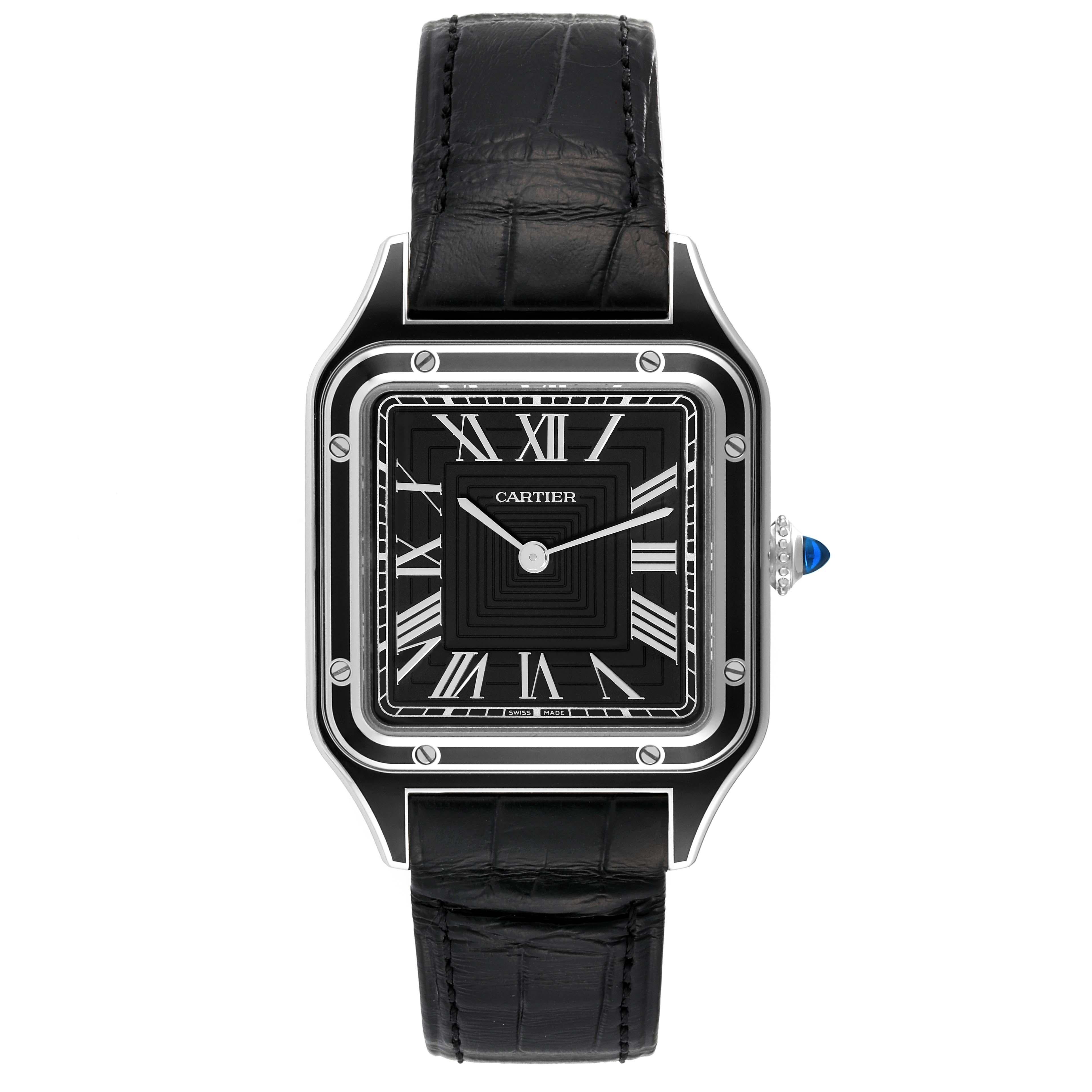 Cartier Santos Dumont Large Black Strap Steel Mens Watch WSSA0046 Unworn. Manual winding movement. Stainless steel case with black lacquer 43.5 mm x 31.4 mm. Case thickness 7.3 mm. Caseback engraved with handwritten signature of Alberto