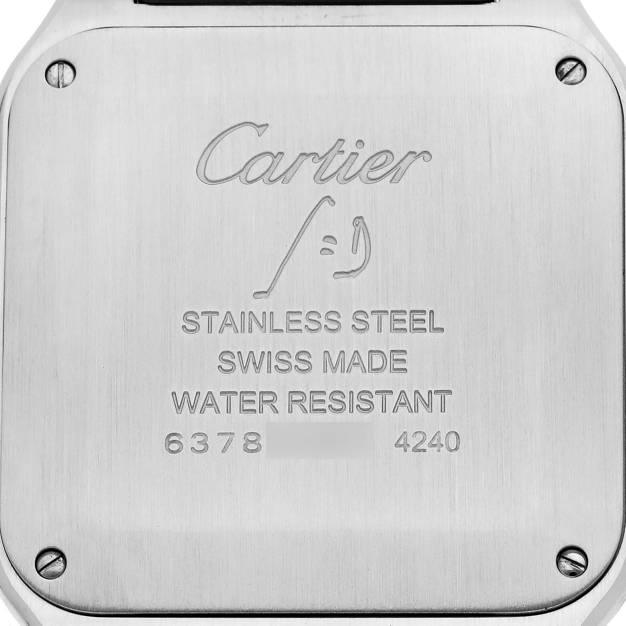 Cartier Santos Dumont Large Blue Strap Steel Mens Watch WSSA0022. Quartz movement. Stainless steel case 43.5 mm x 31.4 mm. Case thickness 7.3 mm. Circular grained crown set with blue spinel cabochon. Stainless steel bezel punctuated with 8 signature