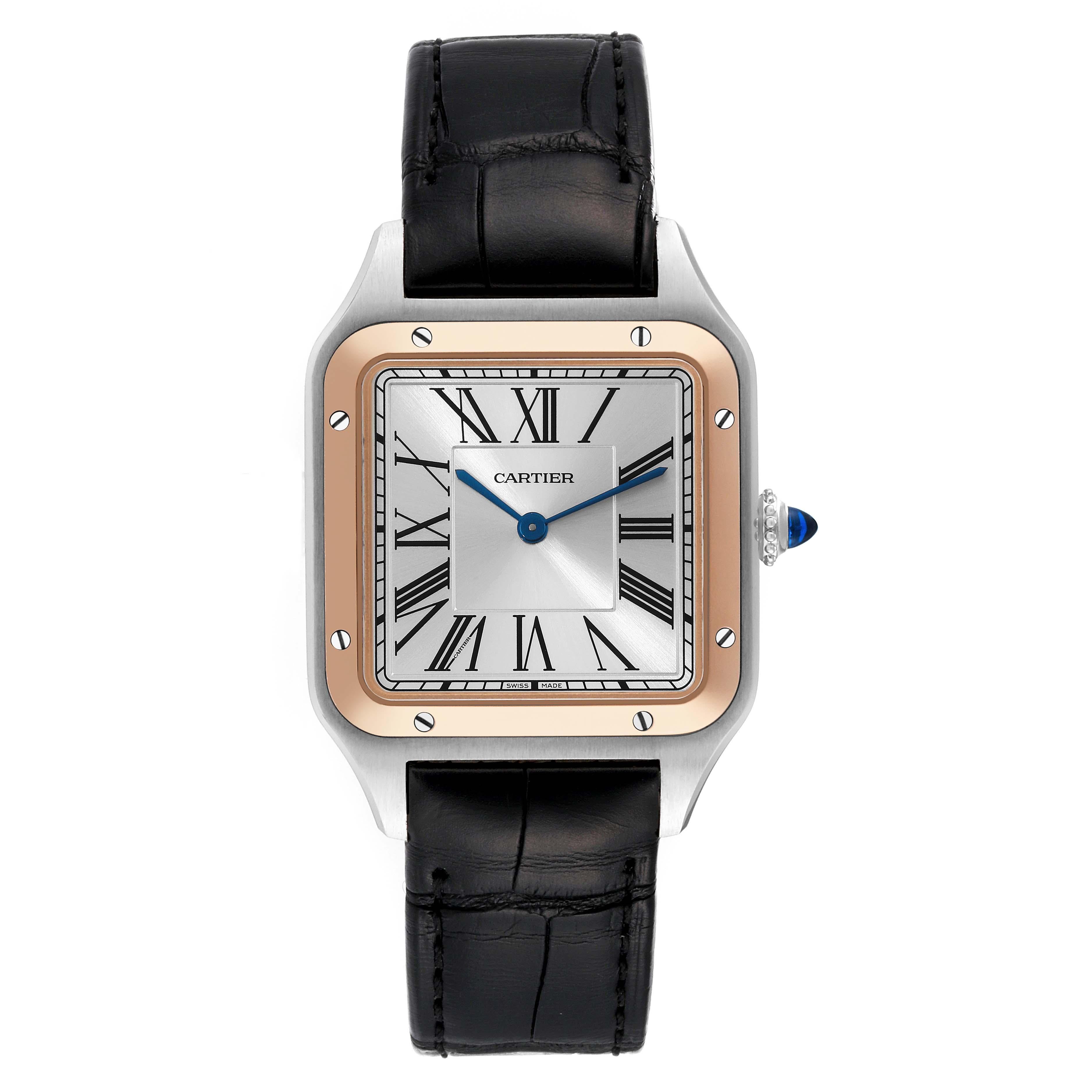 Cartier Santos Dumont Large Steel Rose Gold Mens Watch W2SA0011 Box Card. Quartz movement. Stainless steel case 43.5 mm x 31.4 mm. Case thickness 7.3 mm. Circular grained crown set with blue spinel cabochon. 18k rose gold bezel punctuated with 8