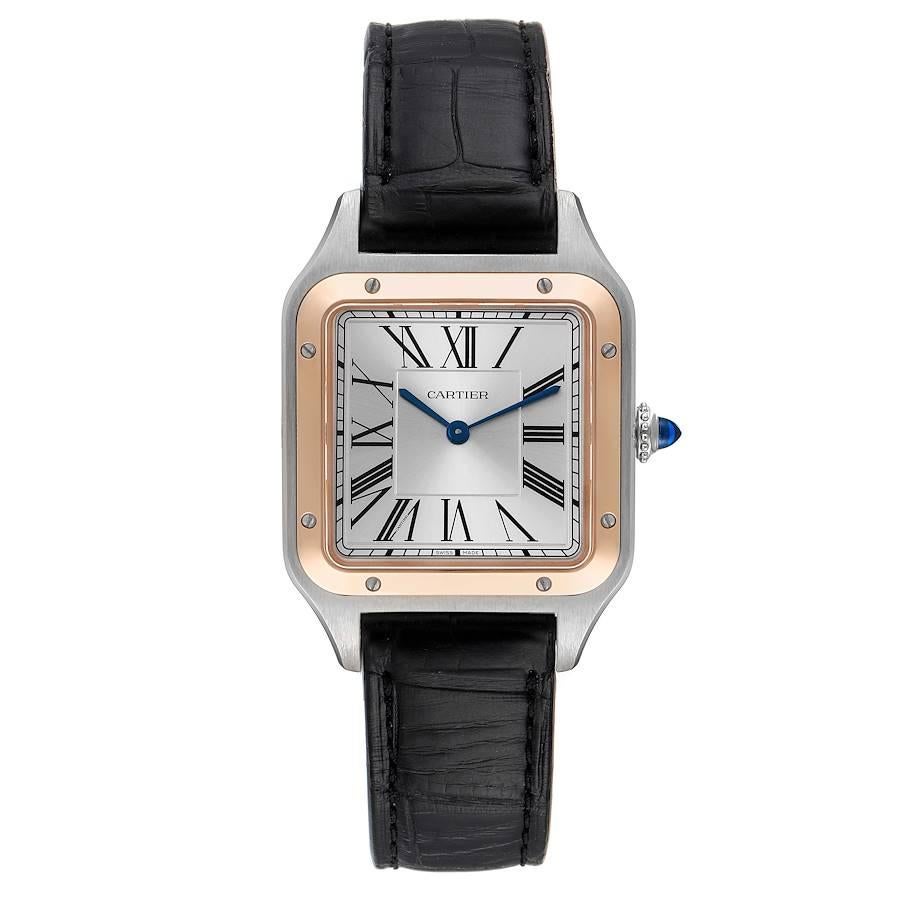 Cartier Santos Dumont Large Steel Rose Gold Mens Watch W2SA0011. Quartz movement. Stainless steel case 43.5 mm x 31.4 mm. Case thickness 7.3 mm. Circular grained crown set with blue spinel cabochon. . Scratch resistant sapphire crystal.