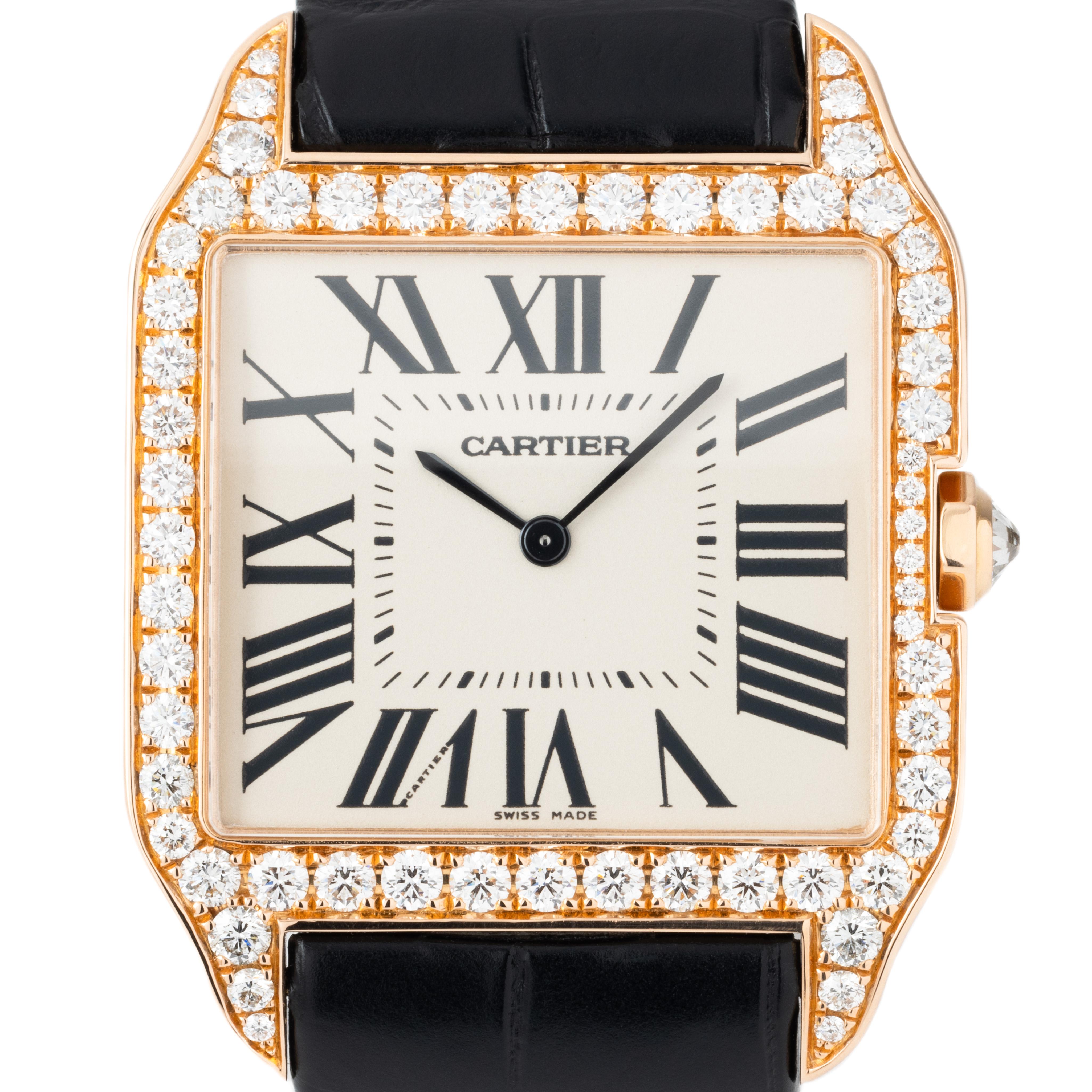 Cartier Santos Dumont Model # WH100751 Square 18k Rose Gold with Diamond Bezel and 18k Rose Gold Deployment Buckle. with Box and Papers c.2015
Made in Switzerland


Mechanical movement with manual winding calibre 430 MC.
Case: 18K rose gold set with