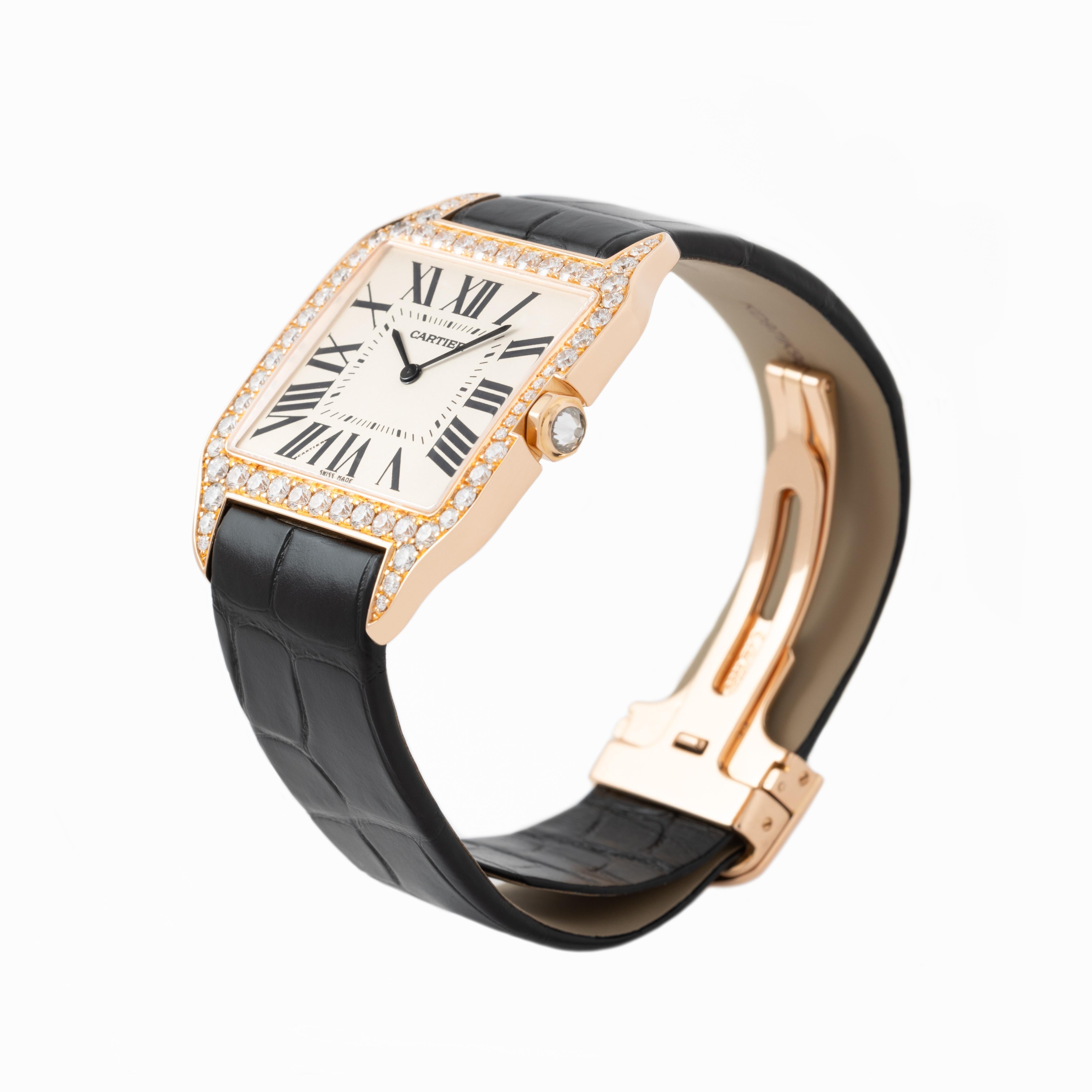 Modern Cartier Santos Dumont Model WH100751 18 Karat Rose Gold Diamonds Full Set For Sale