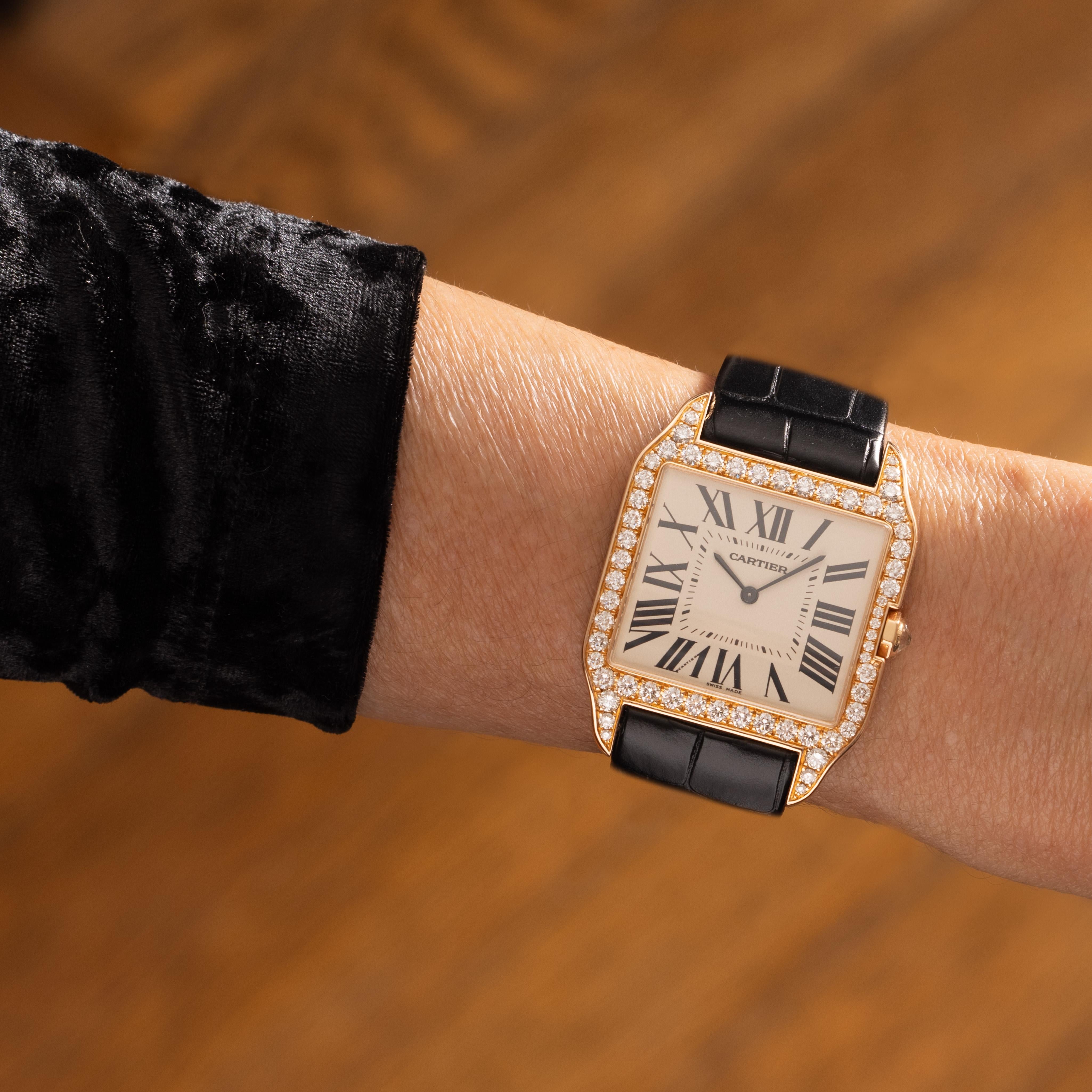 Women's or Men's Cartier Santos Dumont Model WH100751 18 Karat Rose Gold Diamonds Full Set For Sale