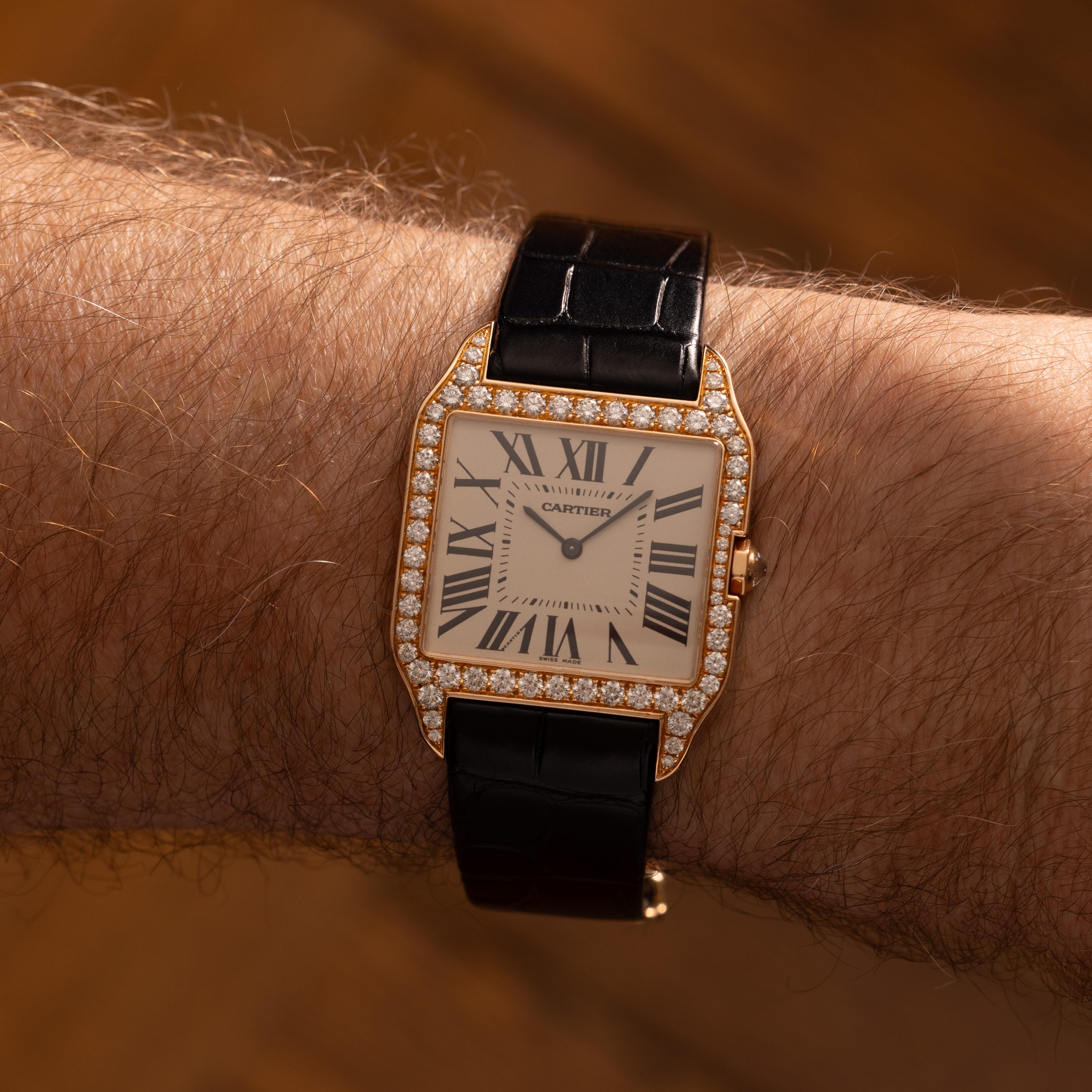 Cartier Santos Dumont Model WH100751 18 Karat Rose Gold Diamonds Full Set For Sale 1