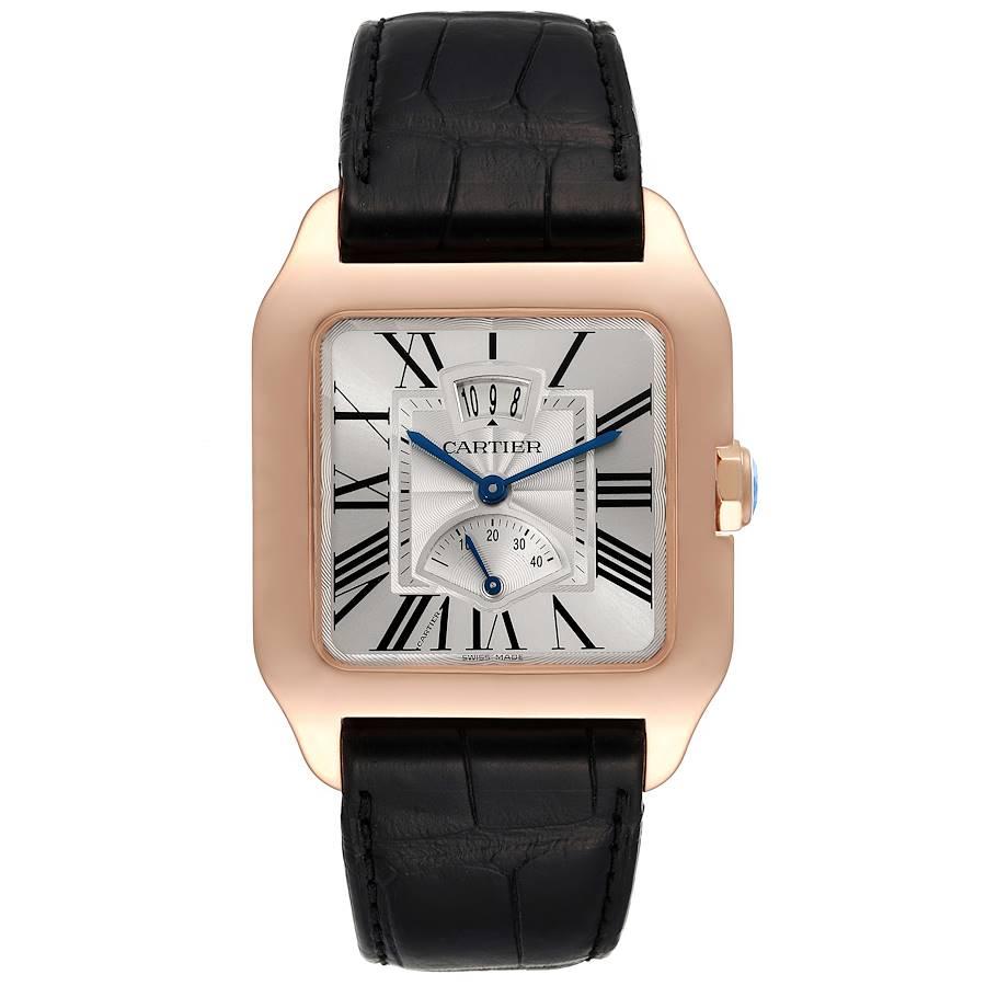 Cartier Santos-Dumont Rose Gold Silver Dial Black Strap Mens Watch W2020067. Automatic self-winding movement. 18K rose gold case 47.4 x 38mm.  Octagonal crown set with the faceted sapphire. 18K rose gold bezel. Scratch resistant sapphire crystal.